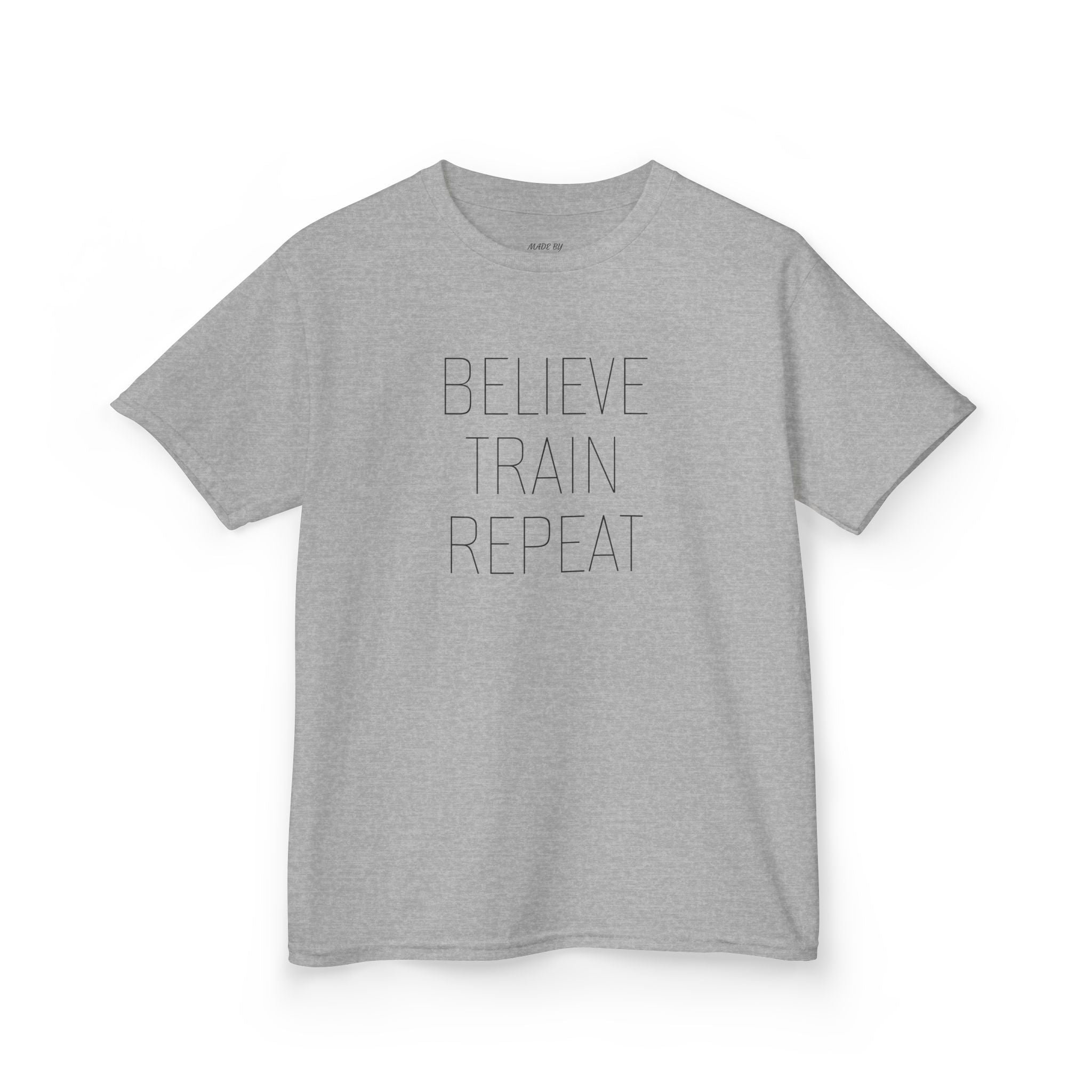 Kids Tee — "Believe Train Repeat" Motivational Sports Shirt
