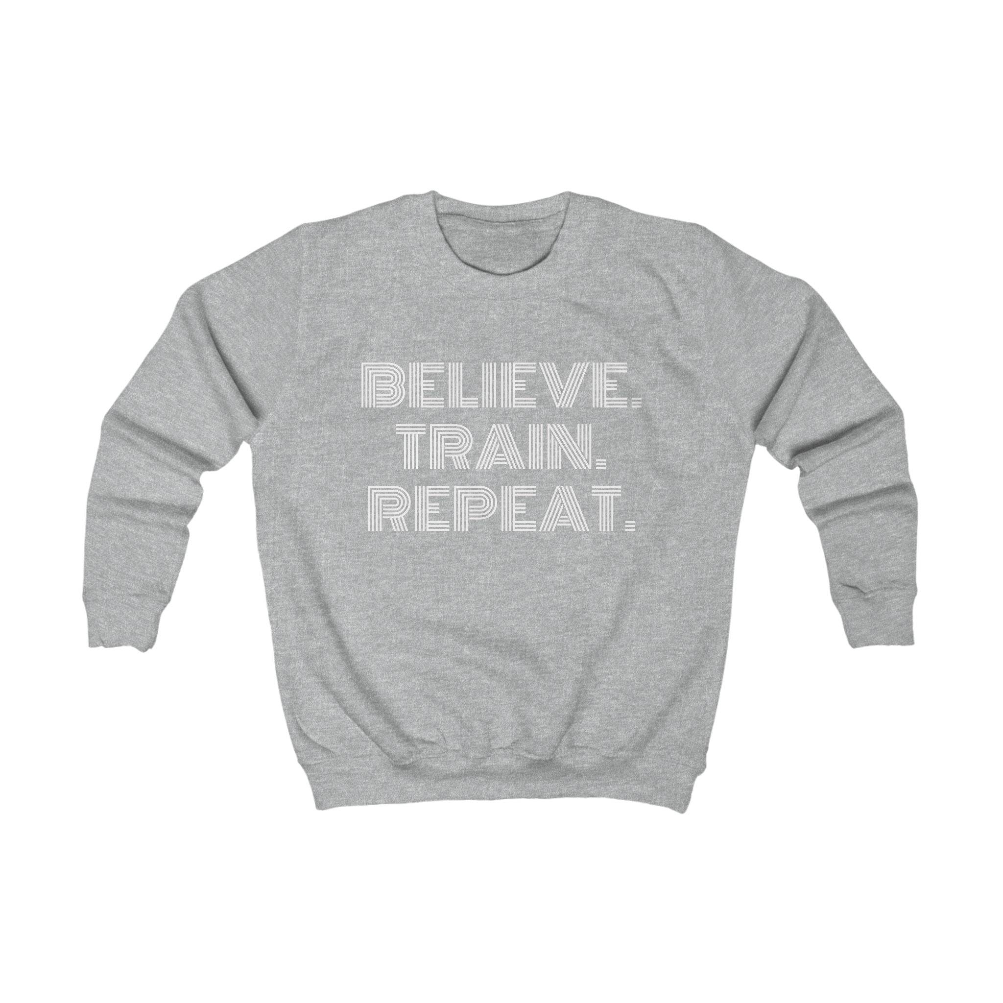 Kids Sweatshirt – "Believe. Train. Repeat." Motivational Youth Crewneck, Activewear Pullover for Sports, School & Everyday