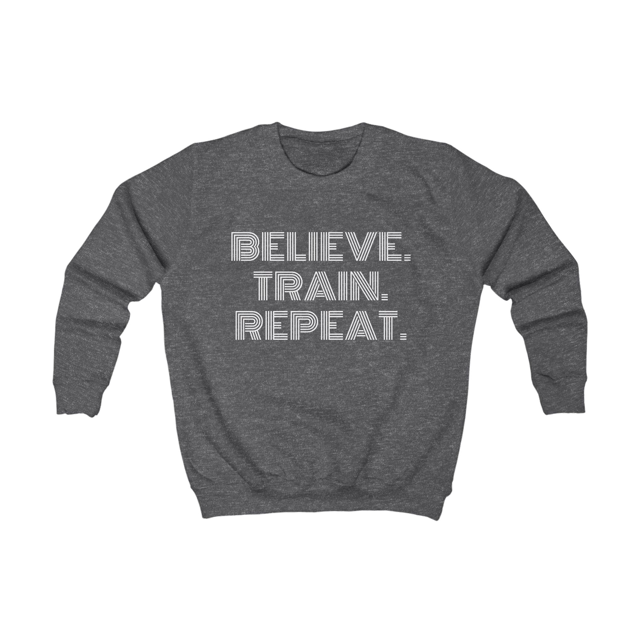 Kids Sweatshirt – "Believe. Train. Repeat." Motivational Youth Crewneck, Activewear Pullover for Sports, School & Everyday