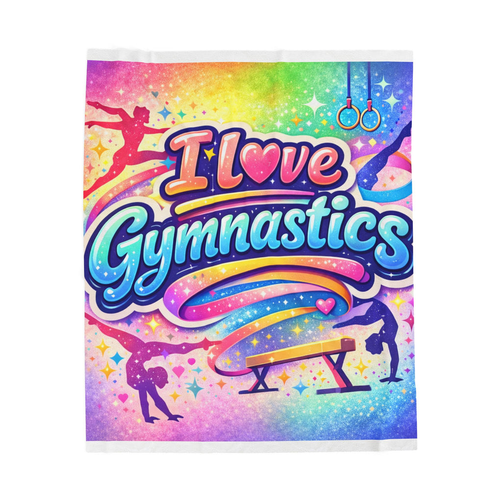 I Love Gymnastics Velveteen Plush Blanket — Colorful Rainbow Gymnast Throw for Kids & Teens