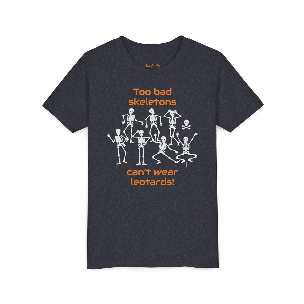 Kids Halloween Gymnastics Tee – ‘Too Bad Skeletons Can’t Wear Leotards!’ (Kids)