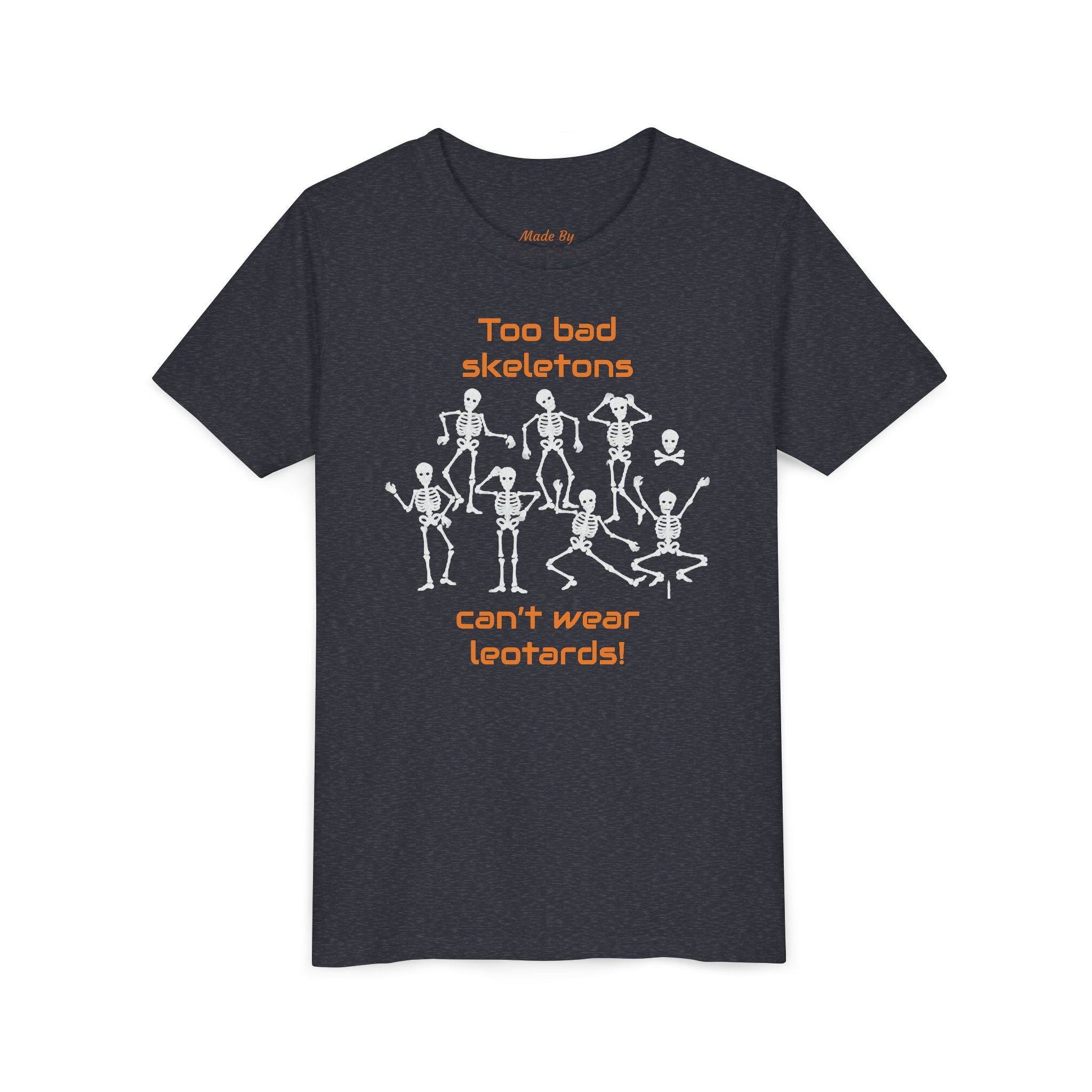 Kids Halloween Gymnastics Tee – ‘Too Bad Skeletons Can’t Wear Leotards!’ (Kids)