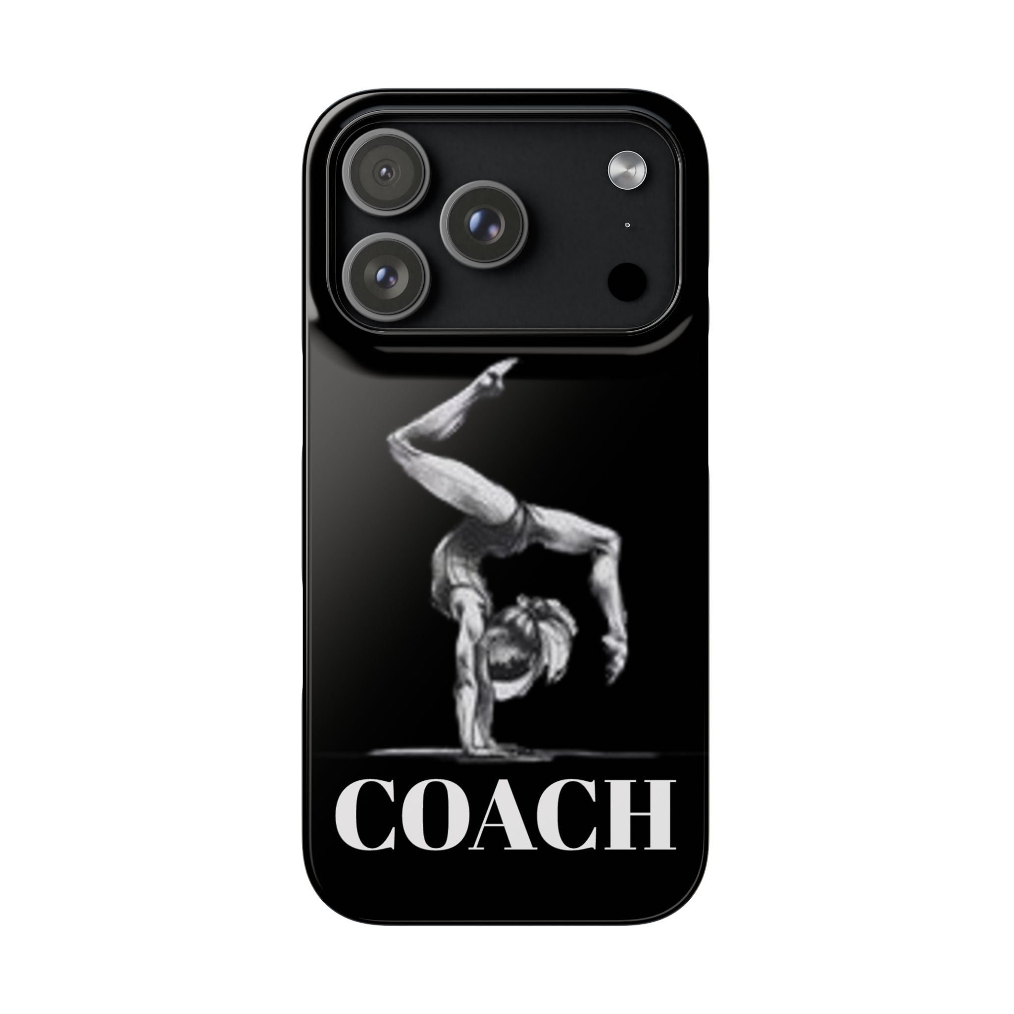 Coach Gymnastics Phone Case — Black Snap Phone Cover with Gymnast Silhouette