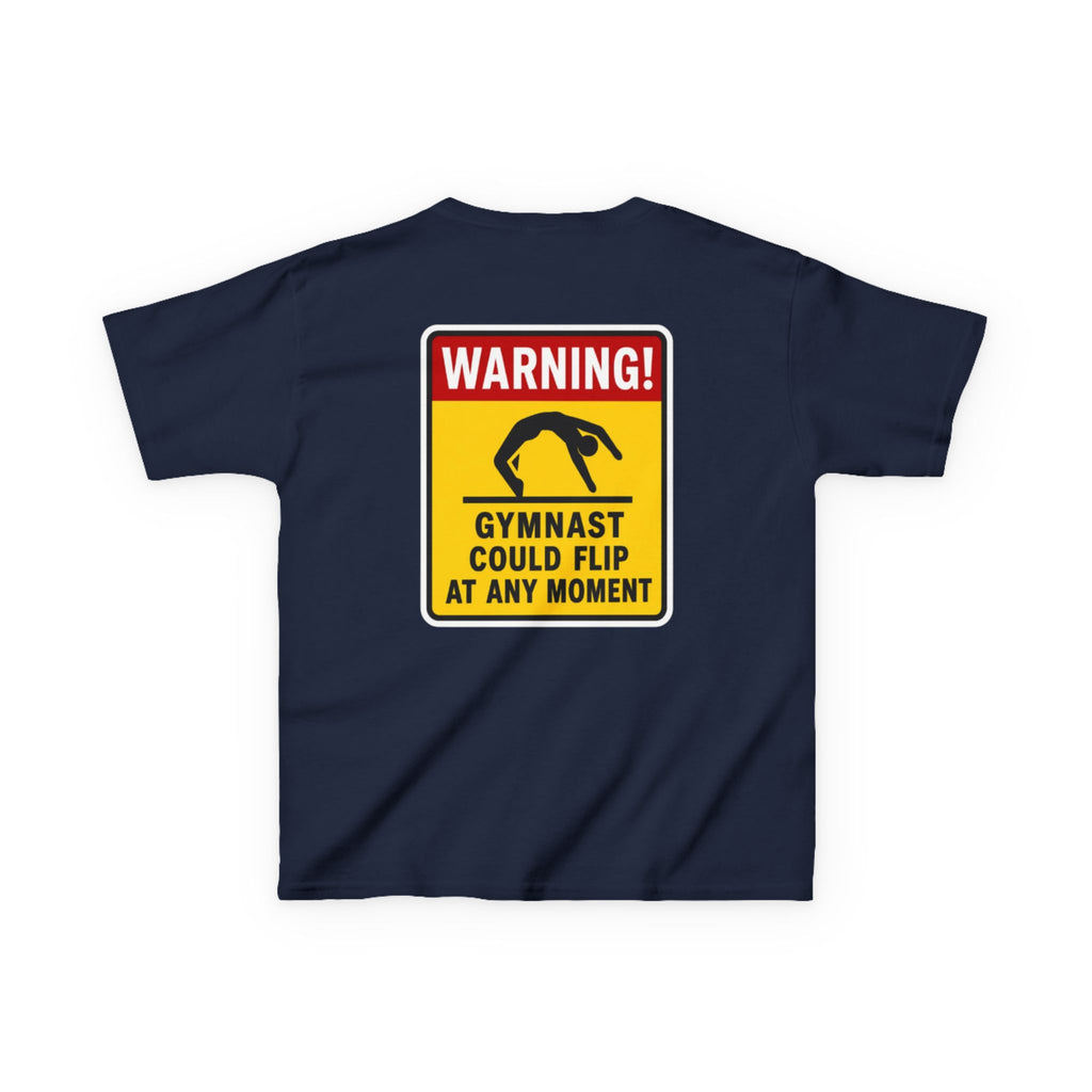 Kids Tee — “Warning! Gymnast Could Flip at Any Moment” Back Graphic