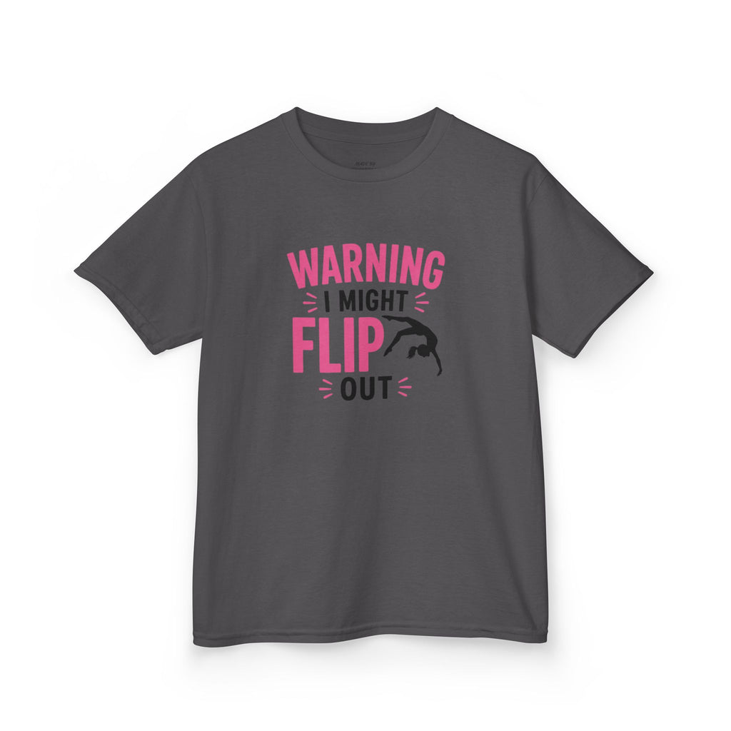 Kids T-Shirt — "Warning I Might Flip Out" Gymnastics Tee