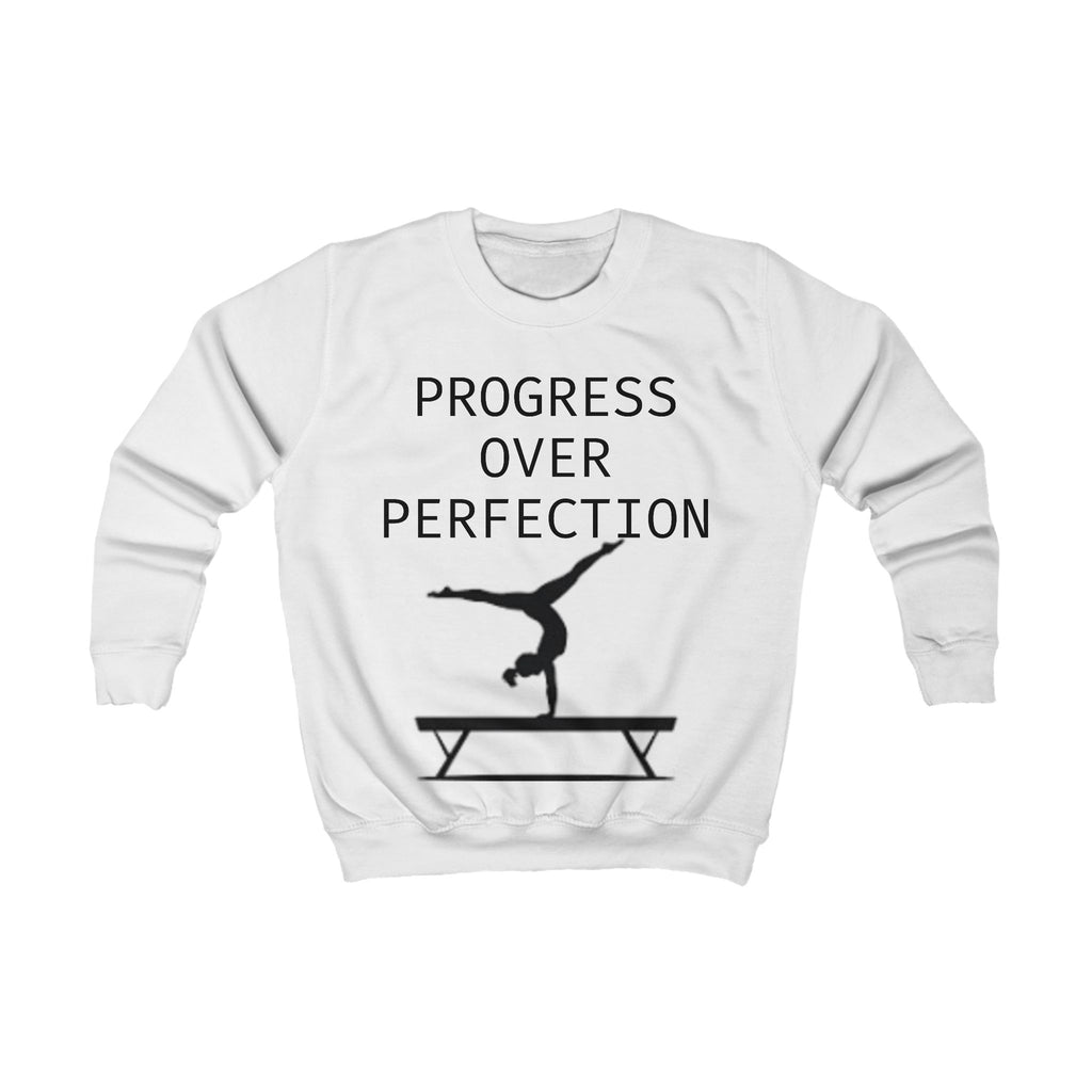 Kids Sweatshirt – 'Progress Over Perfection' Gymnastics Balance Beam Tee for Young Athletes