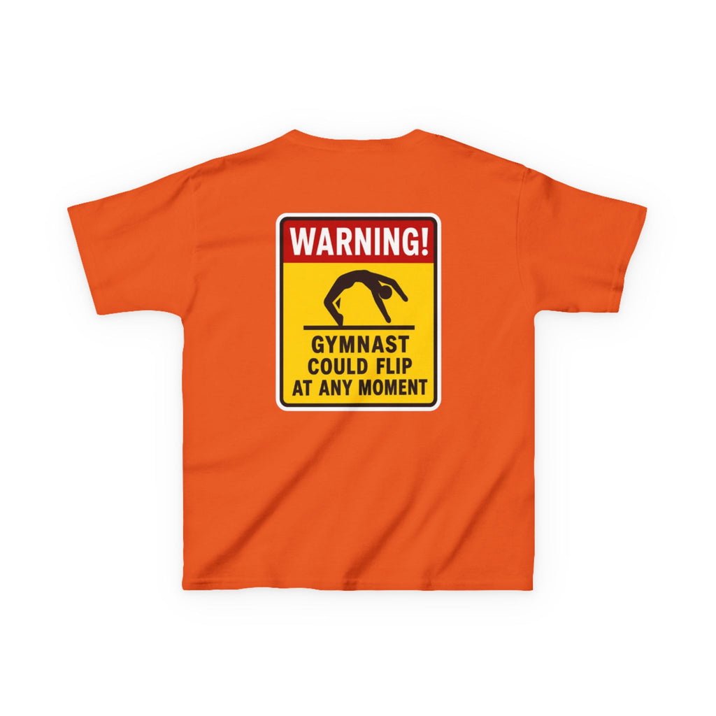 Kids Tee — “Warning! Gymnast Could Flip at Any Moment” Back Graphic