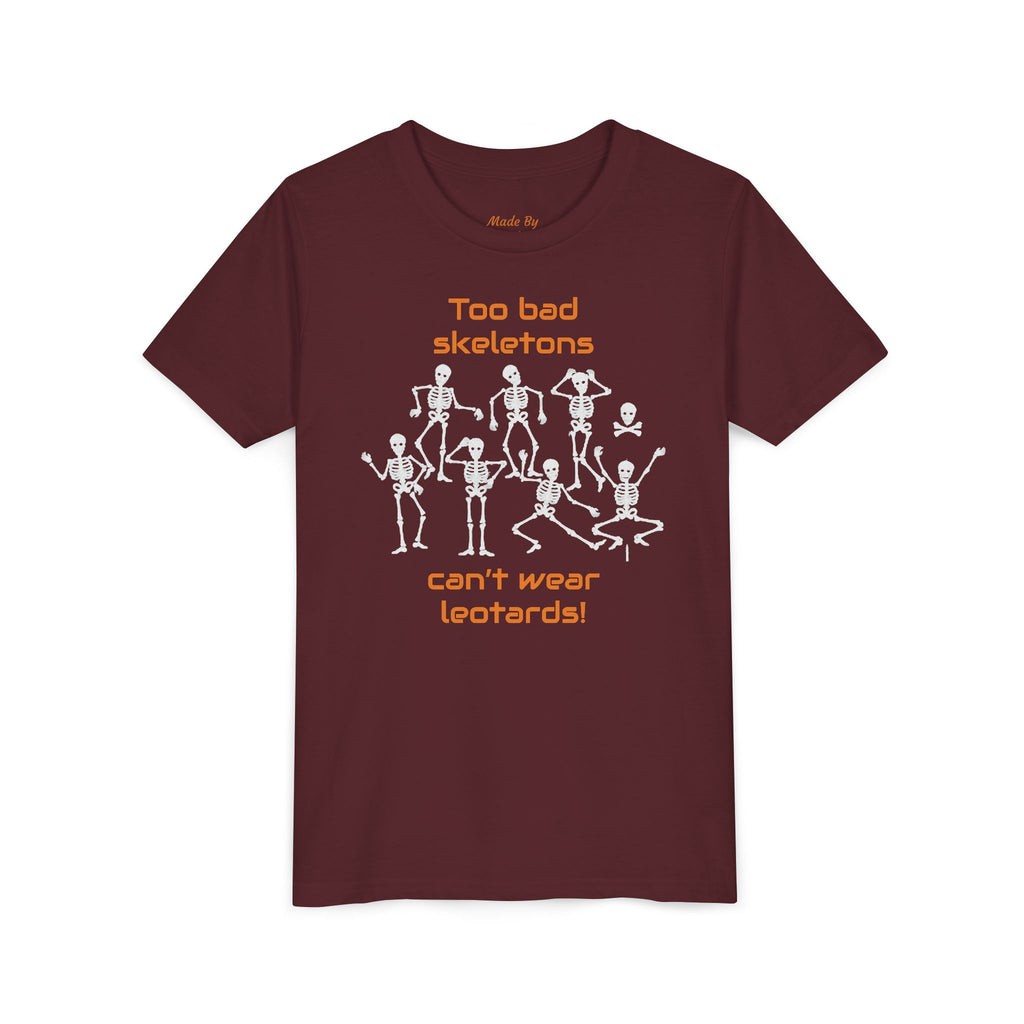 Kids Halloween Gymnastics Tee – ‘Too Bad Skeletons Can’t Wear Leotards!’ (Kids)