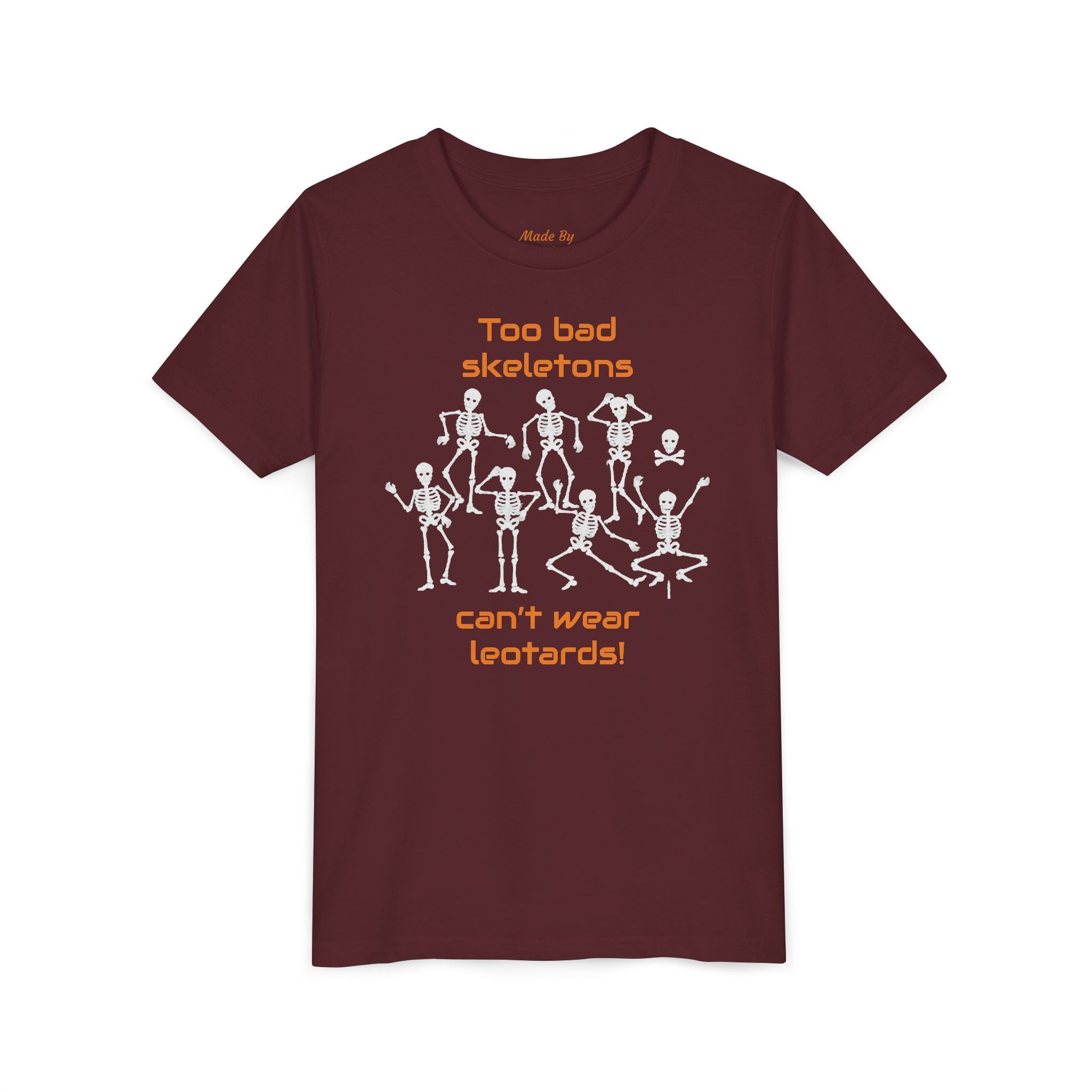 Kids Halloween Gymnastics Tee – ‘Too Bad Skeletons Can’t Wear Leotards!’ (Kids)