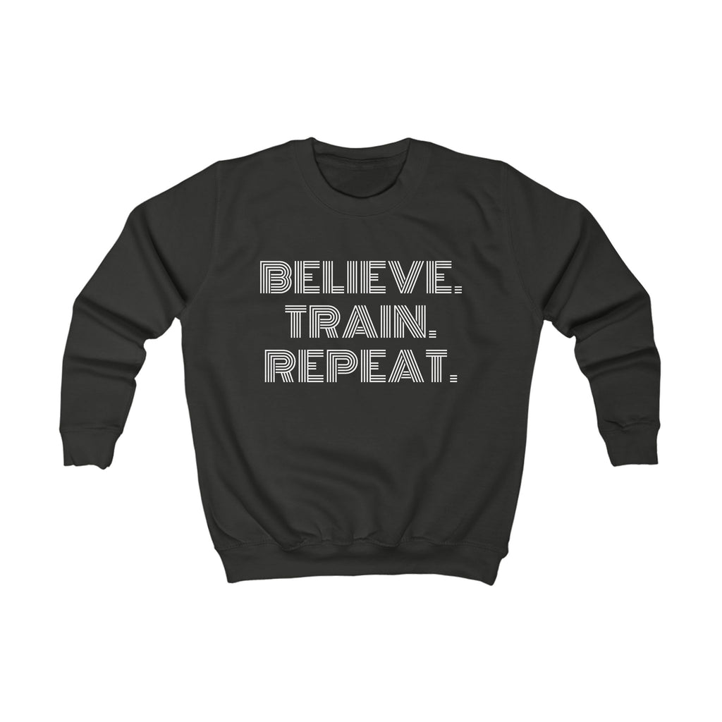 Kids Sweatshirt – "Believe. Train. Repeat." Motivational Youth Crewneck, Activewear Pullover for Sports, School & Everyday