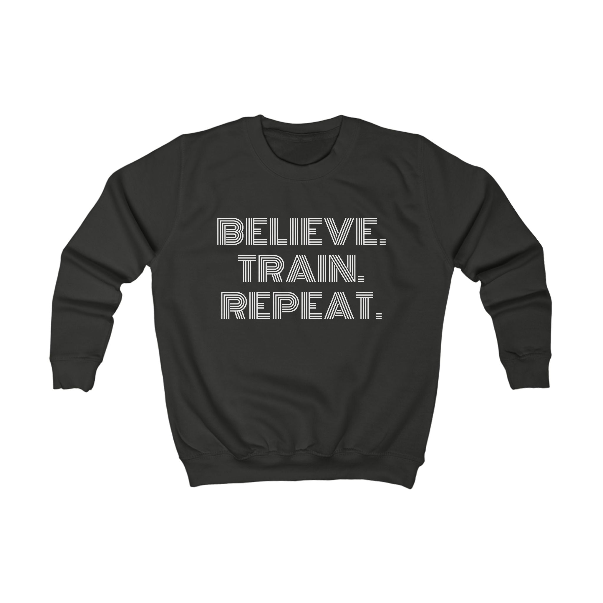 Kids Sweatshirt – "Believe. Train. Repeat." Motivational Youth Crewneck, Activewear Pullover for Sports, School & Everyday