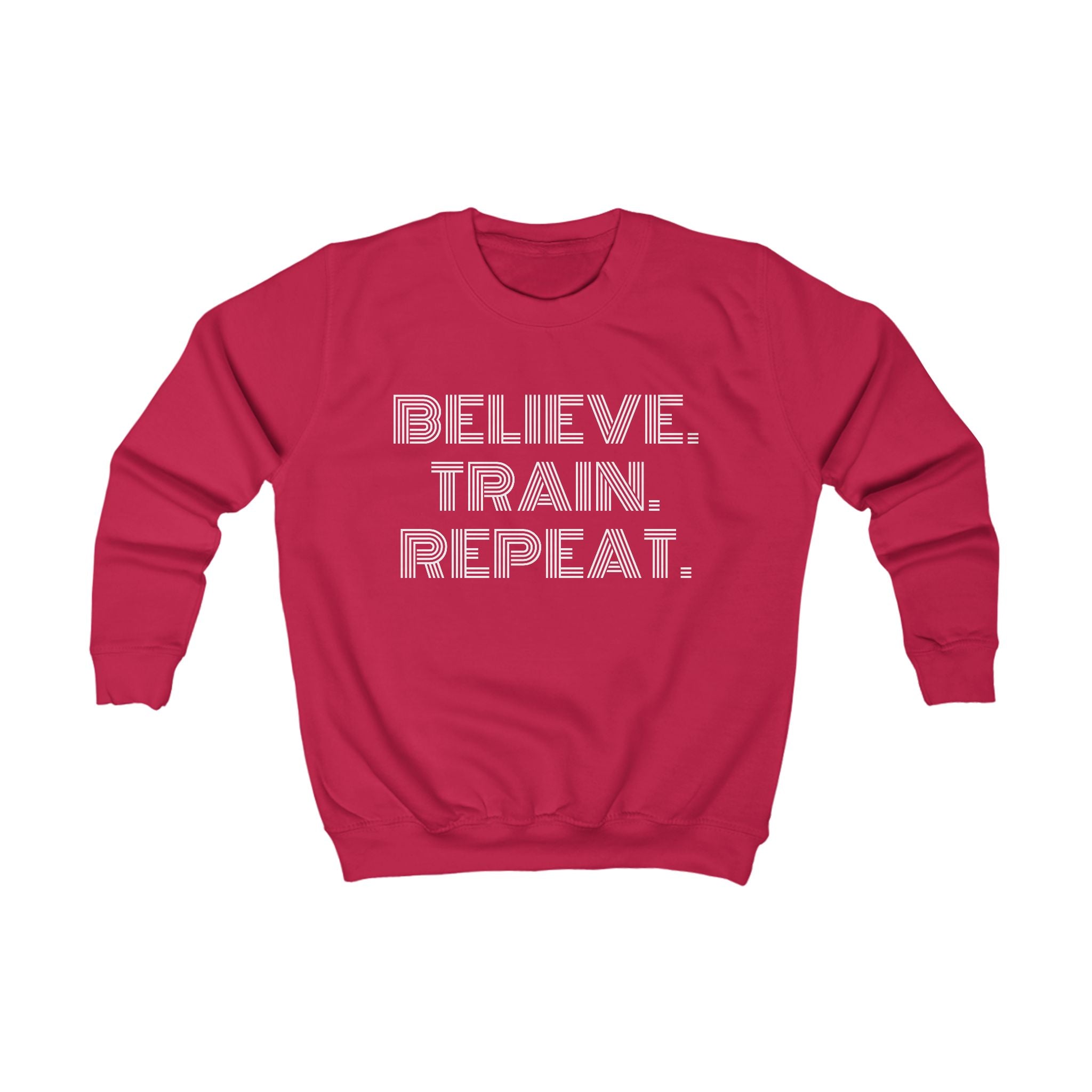 Kids Sweatshirt – "Believe. Train. Repeat." Motivational Youth Crewneck, Activewear Pullover for Sports, School & Everyday