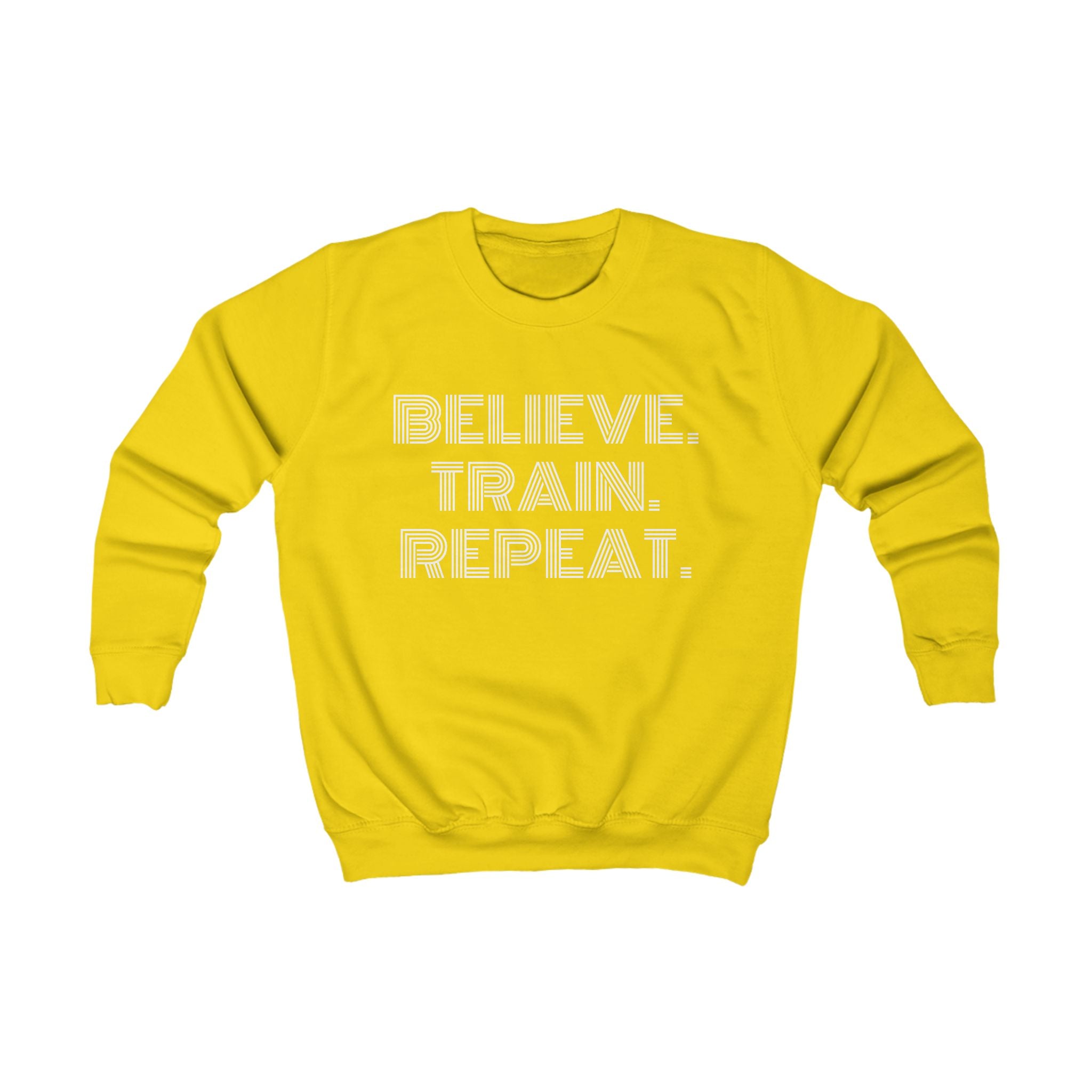 Kids Sweatshirt – "Believe. Train. Repeat." Motivational Youth Crewneck, Activewear Pullover for Sports, School & Everyday