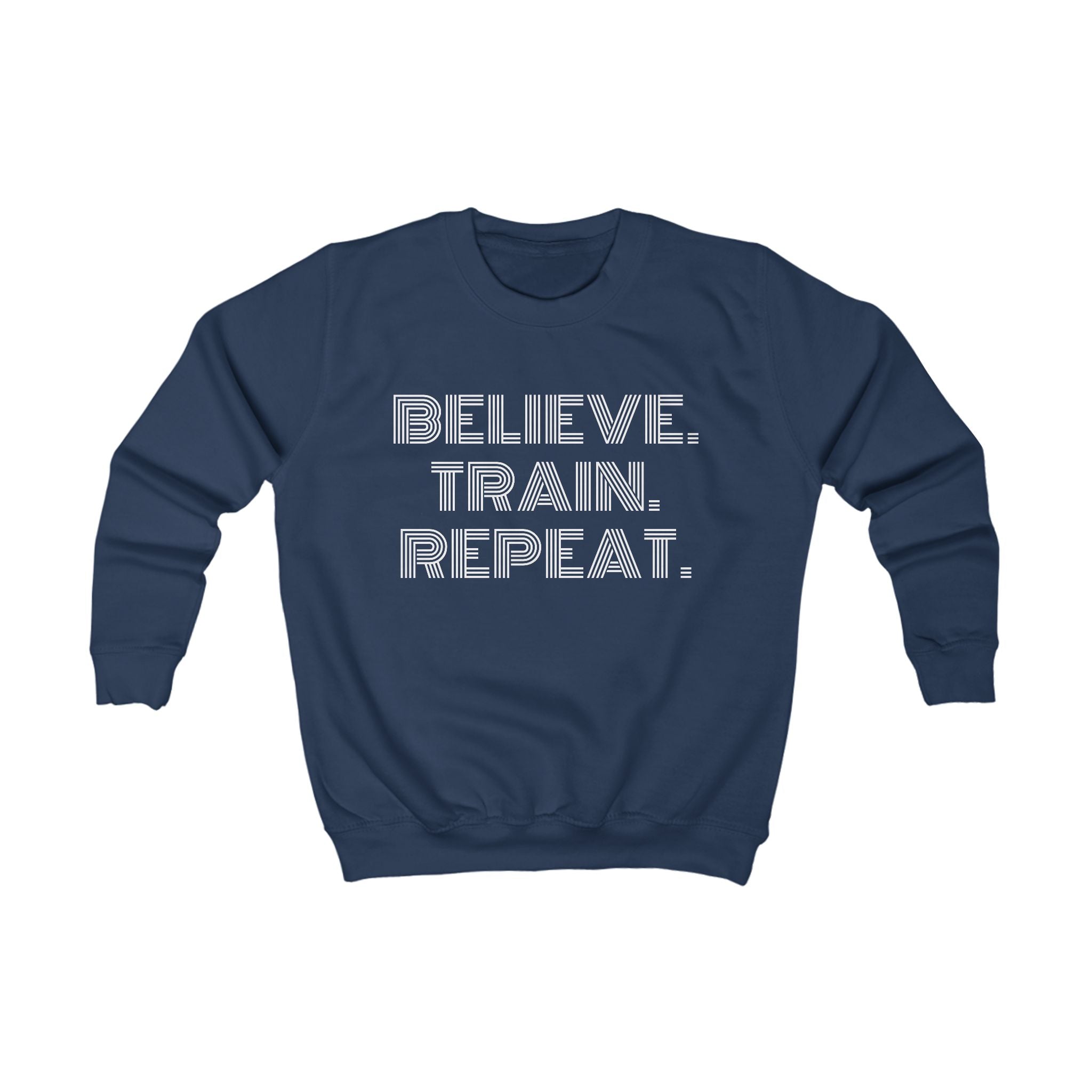 Kids Sweatshirt – "Believe. Train. Repeat." Motivational Youth Crewneck, Activewear Pullover for Sports, School & Everyday