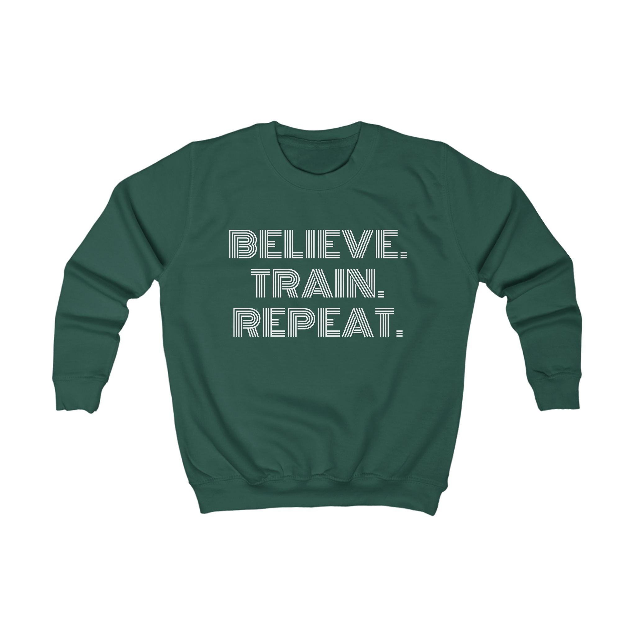 Kids Sweatshirt – "Believe. Train. Repeat." Motivational Youth Crewneck, Activewear Pullover for Sports, School & Everyday