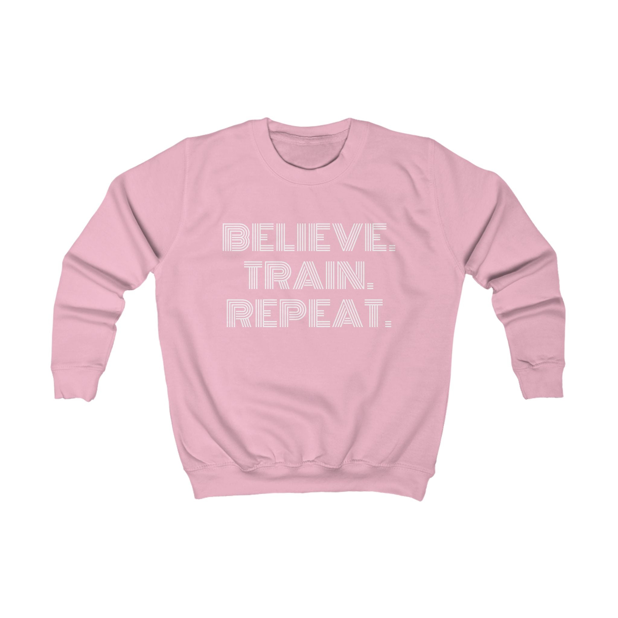 Kids Sweatshirt – "Believe. Train. Repeat." Motivational Youth Crewneck, Activewear Pullover for Sports, School & Everyday