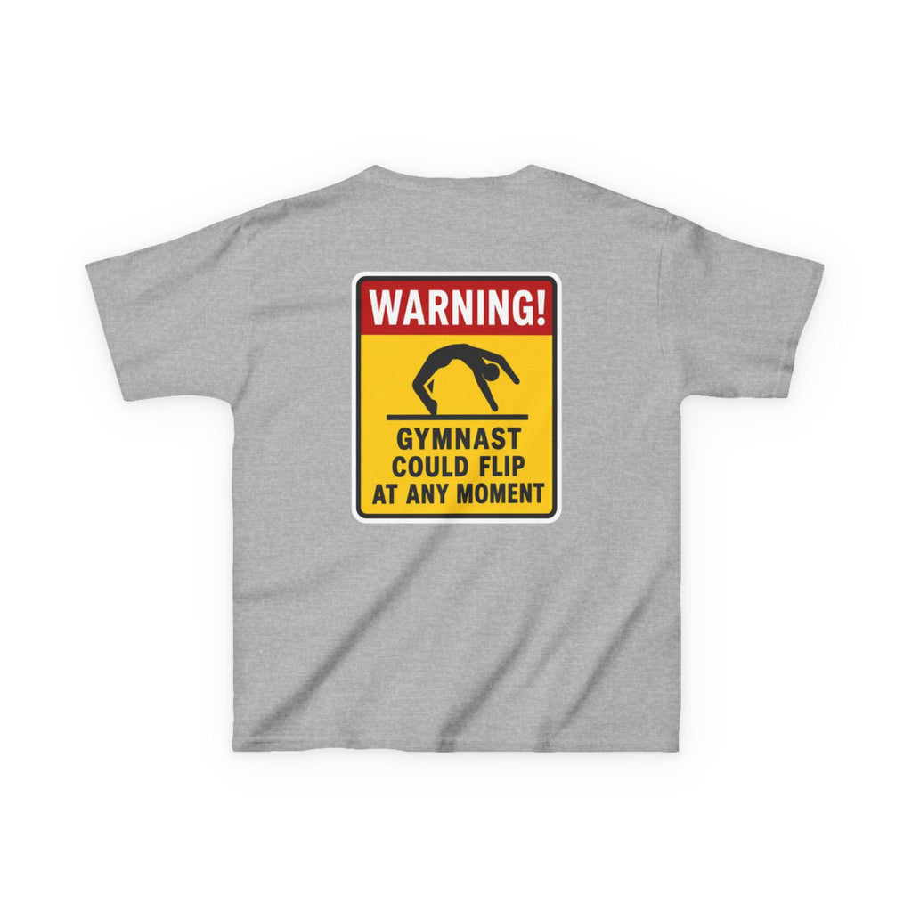 Kids Tee — “Warning! Gymnast Could Flip at Any Moment” Back Graphic