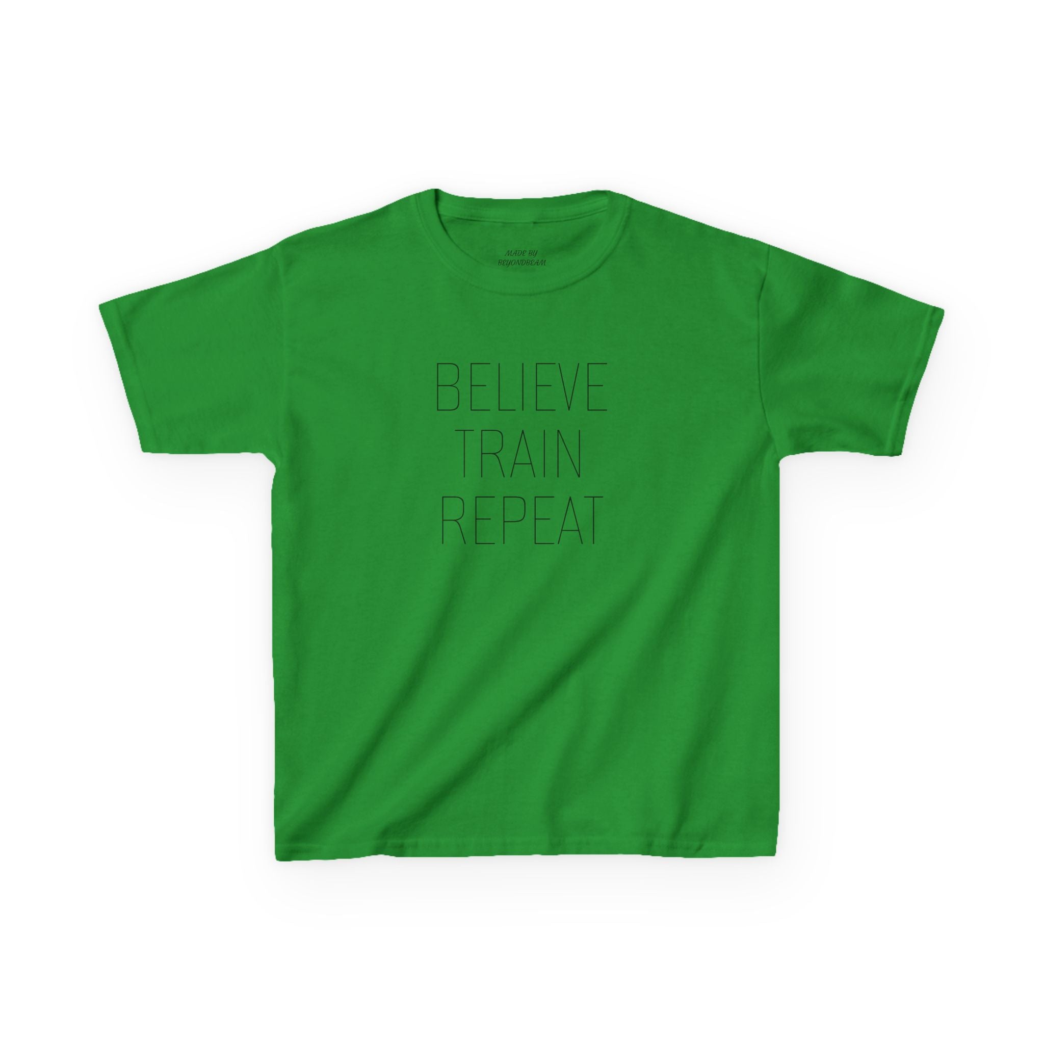 Kids Tee — "Believe Train Repeat" Motivational Sports Shirt