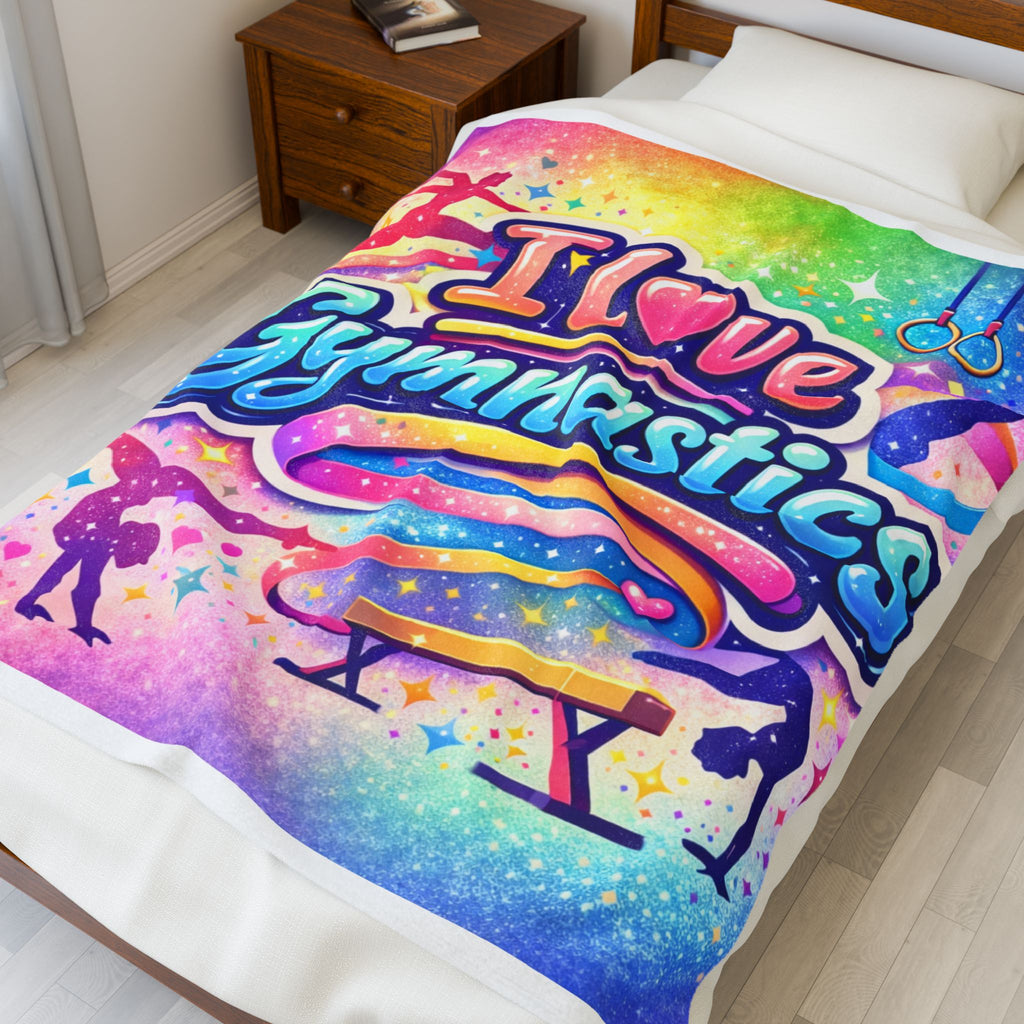 I Love Gymnastics Velveteen Plush Blanket — Colorful Rainbow Gymnast Throw for Kids & Teens