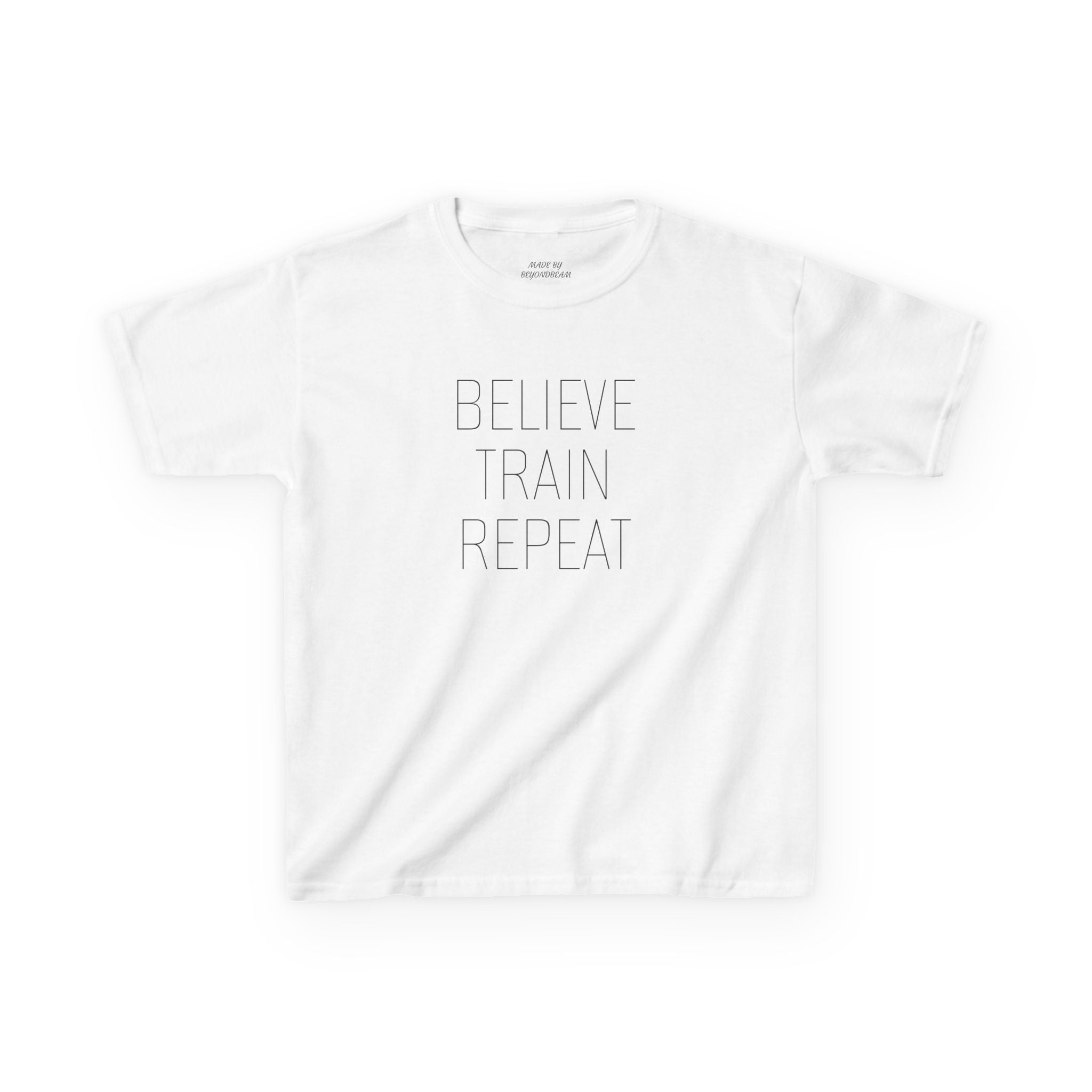 Kids Tee — "Believe Train Repeat" Motivational Sports Shirt