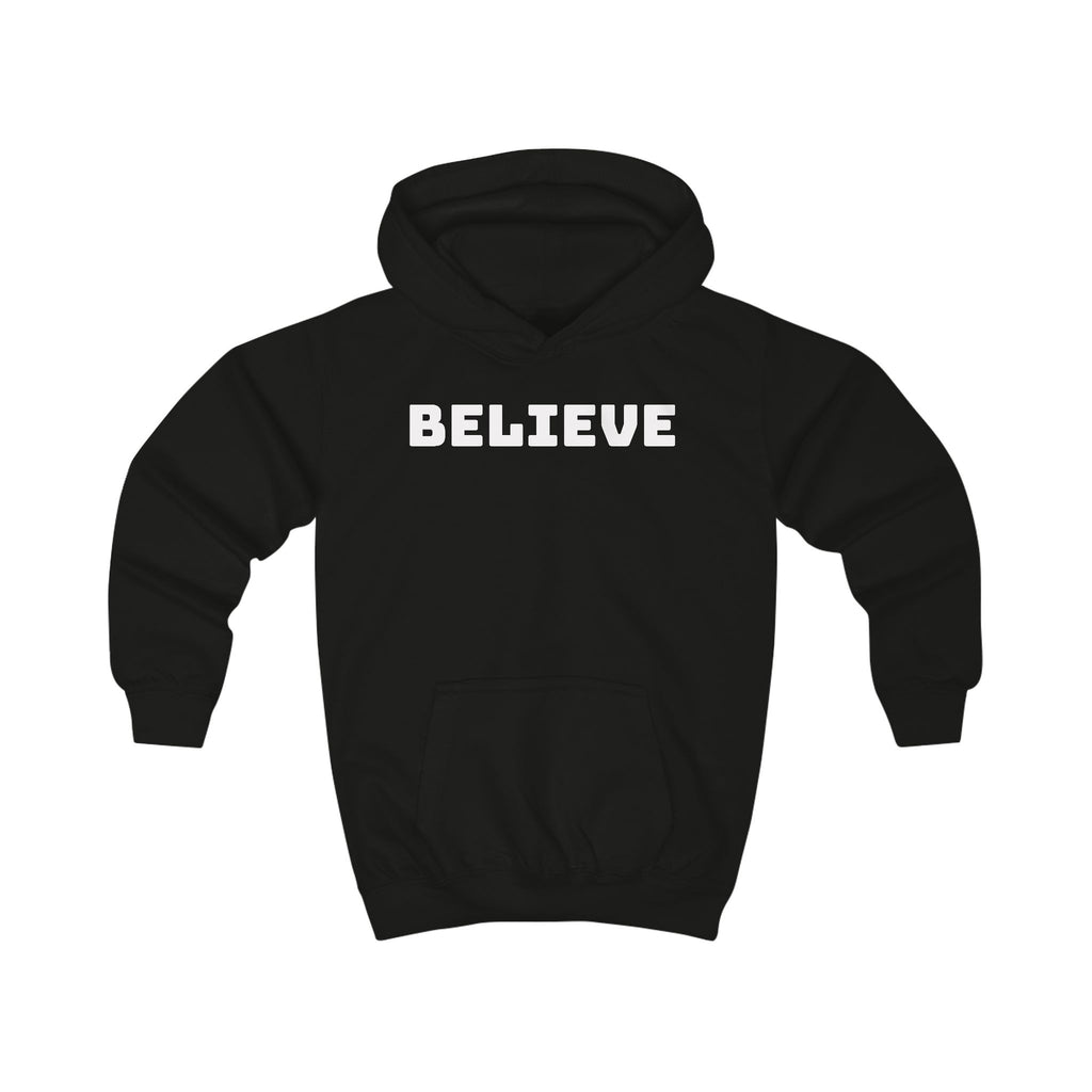 Kids Hoodie — 'BELIEVE' Yellow Kids Hoodie with Silhouette Back Graphic