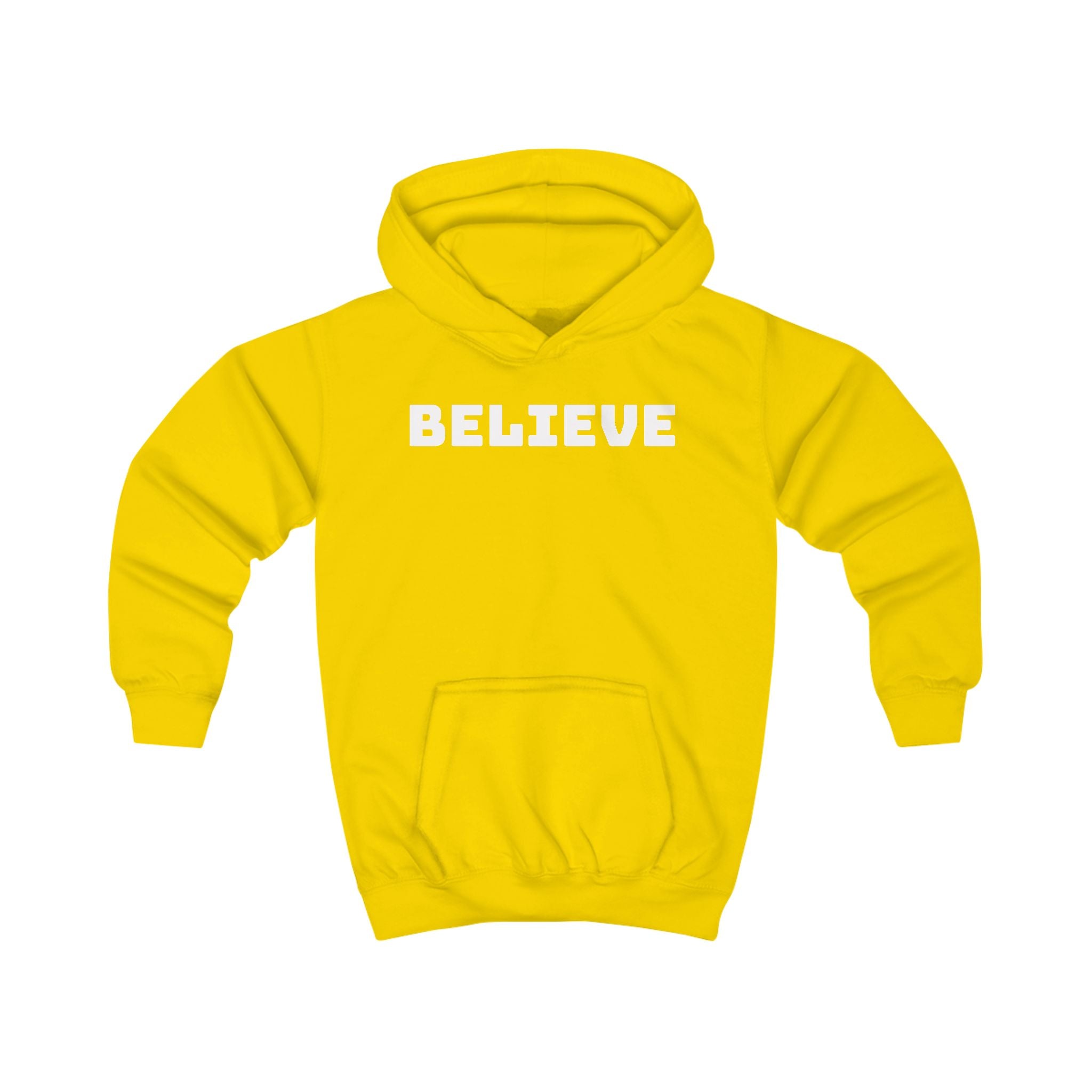 Kids Hoodie — 'BELIEVE' Yellow Kids Hoodie with Silhouette Back Graphic