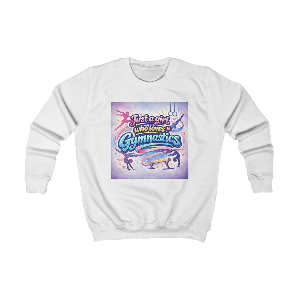 Kids Sweatshirt - "Just a Girl Who Loves Gymnastics" Colorful Gymnastics Crewneck
