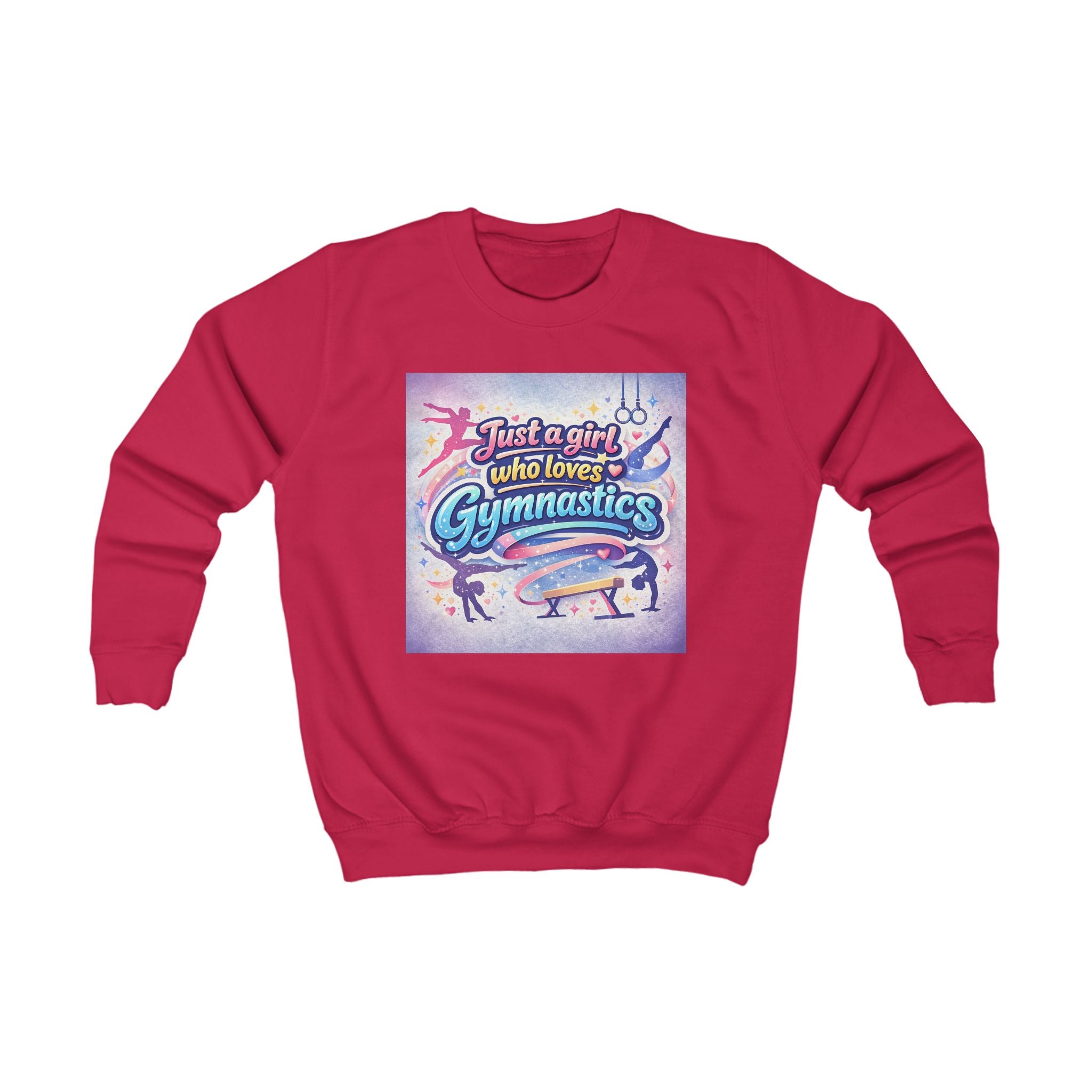 Kids Sweatshirt - "Just a Girl Who Loves Gymnastics" Colorful Gymnastics Crewneck