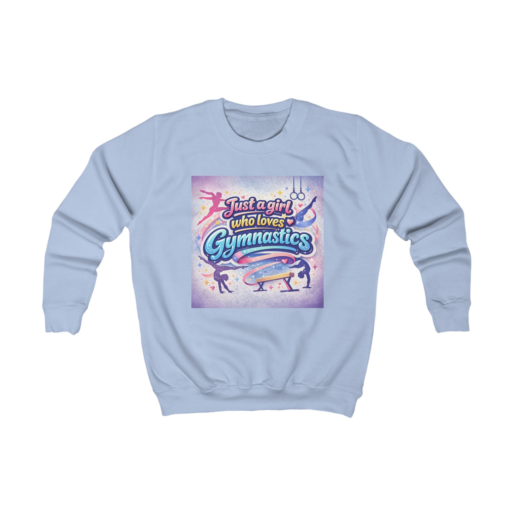 Kids Sweatshirt - "Just a Girl Who Loves Gymnastics" Colorful Gymnastics Crewneck