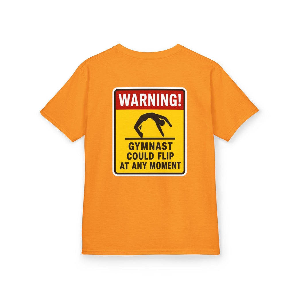 Kids Tee — “Warning! Gymnast Could Flip at Any Moment” Back Graphic