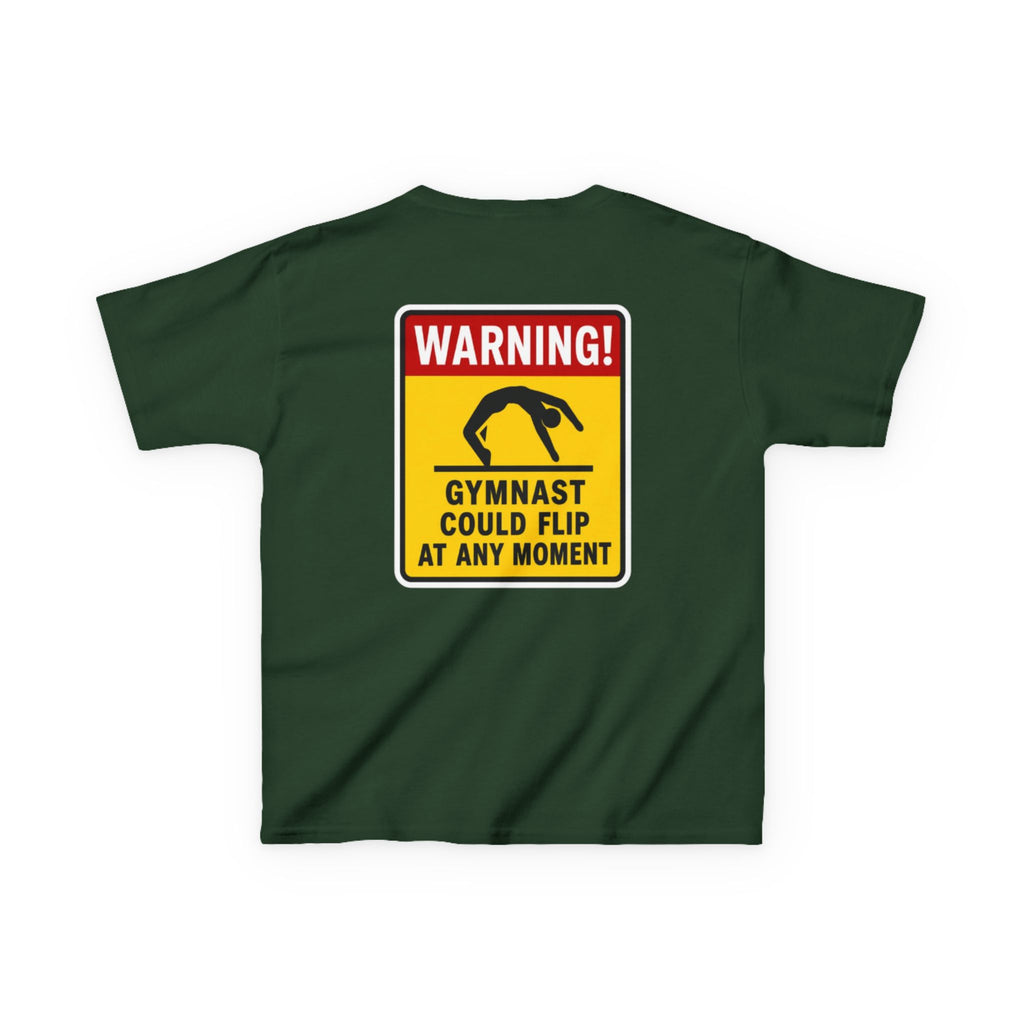 Kids Tee — “Warning! Gymnast Could Flip at Any Moment” Back Graphic