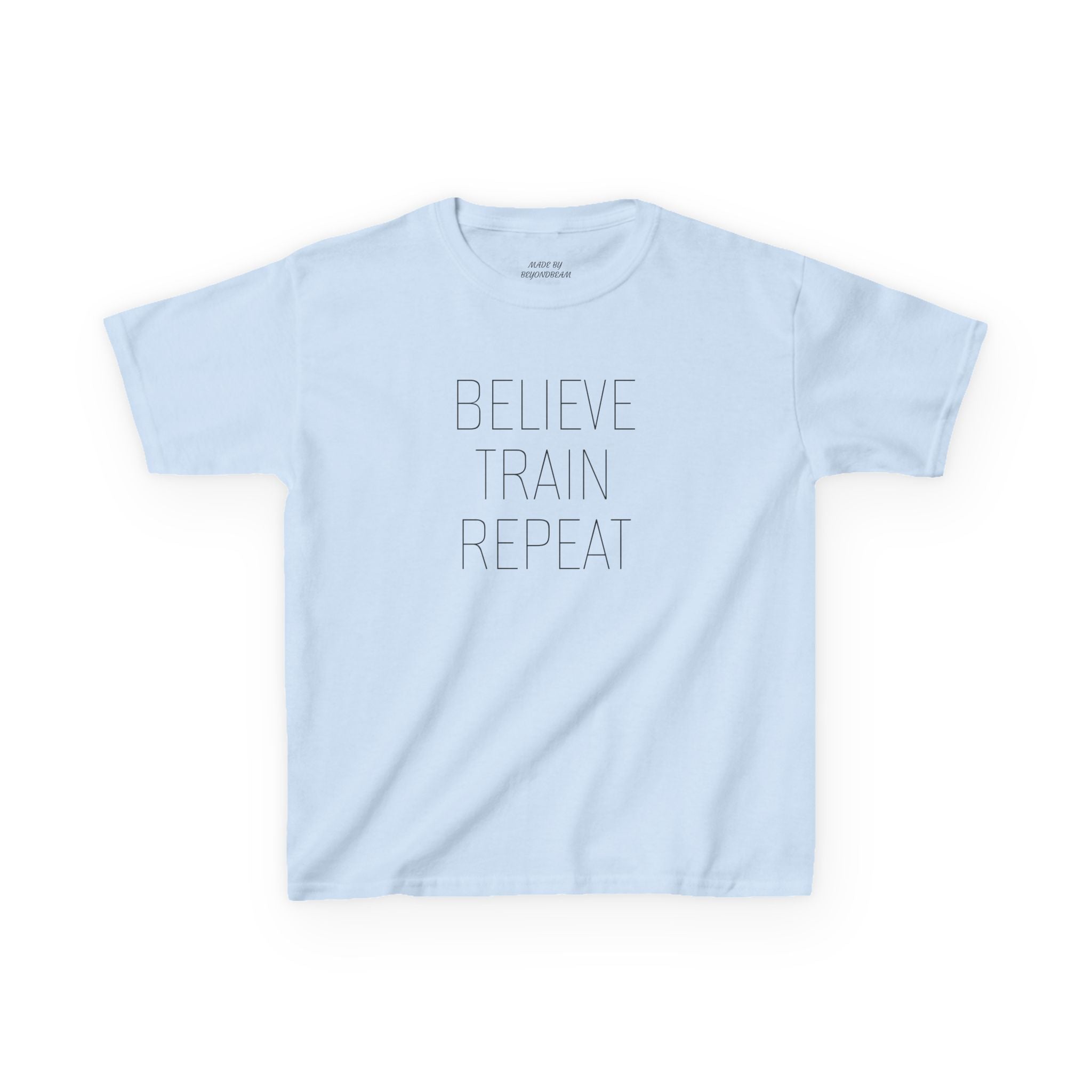 Kids Tee — "Believe Train Repeat" Motivational Sports Shirt