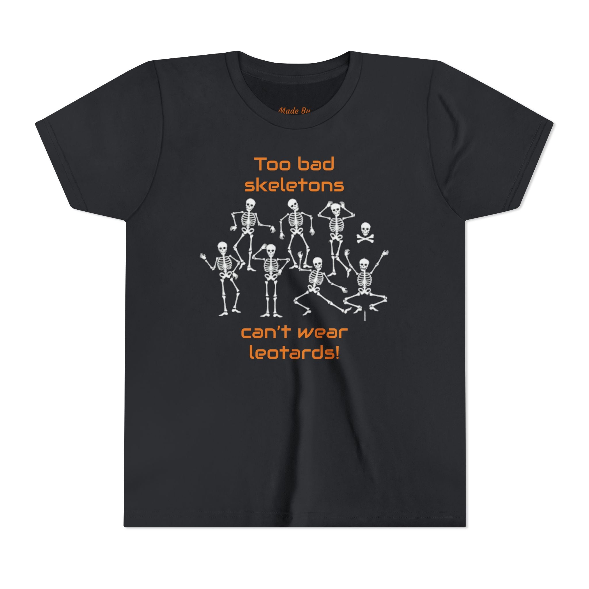 Kids Halloween Gymnastics Tee – ‘Too Bad Skeletons Can’t Wear Leotards!’ (Kids)