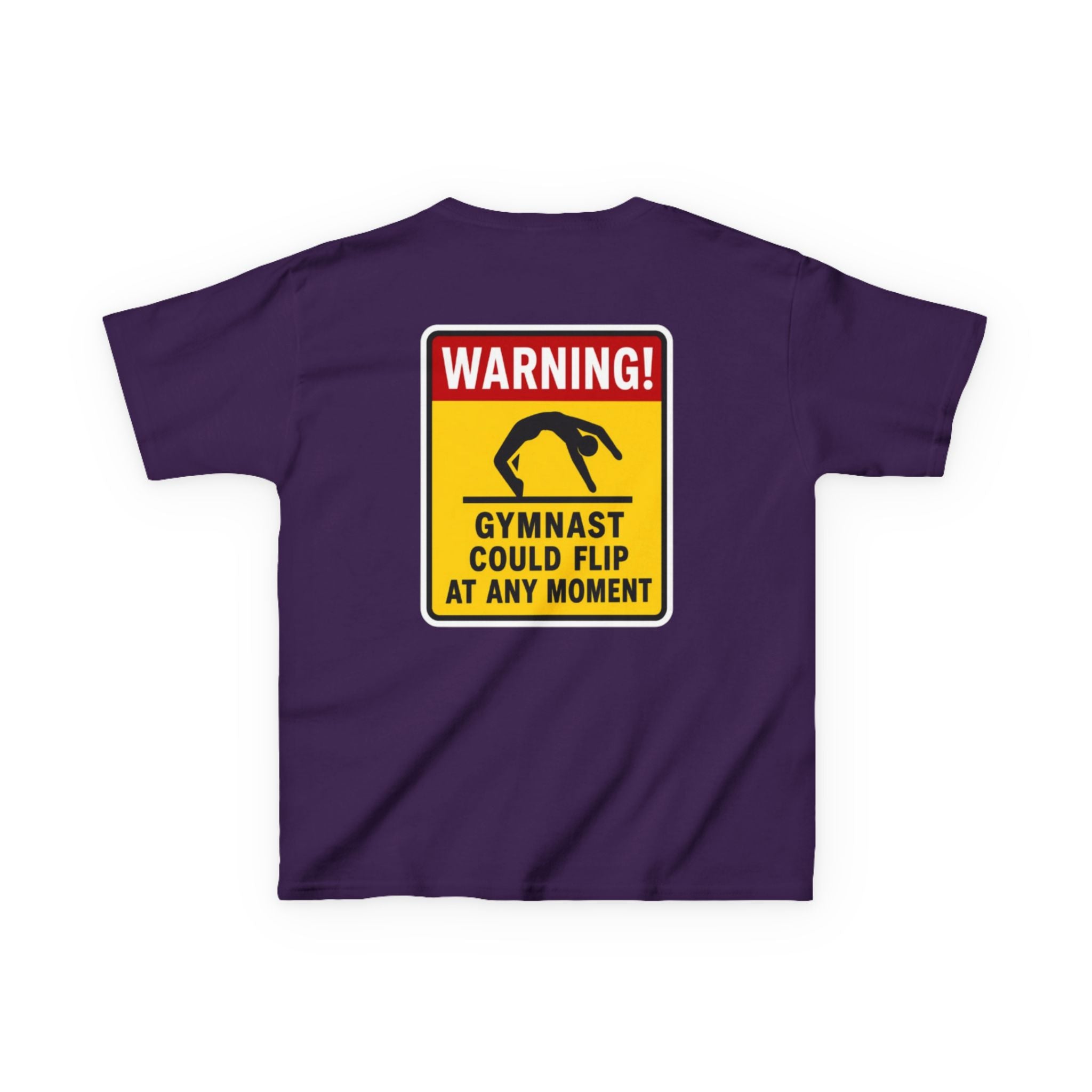 Kids Tee — “Warning! Gymnast Could Flip at Any Moment” Back Graphic