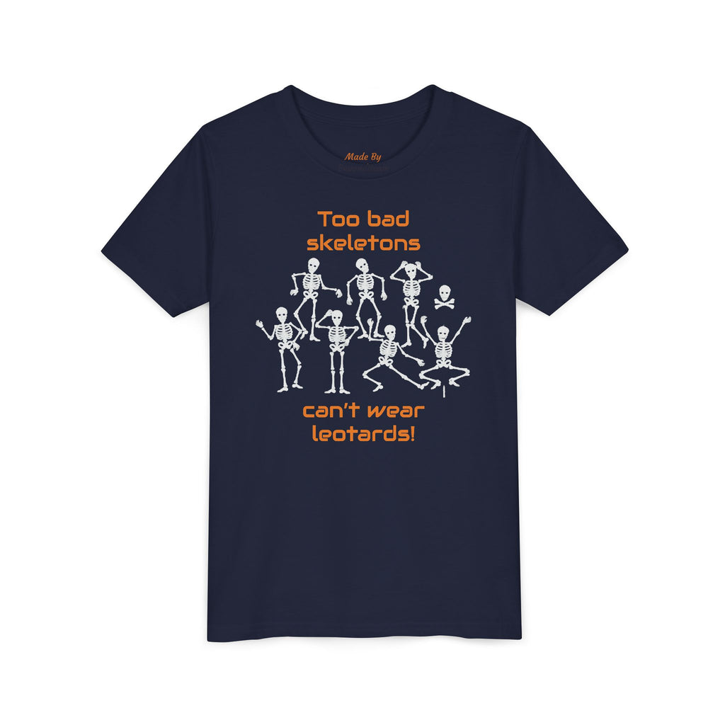 Kids Halloween Gymnastics Tee – ‘Too Bad Skeletons Can’t Wear Leotards!’ (Kids)
