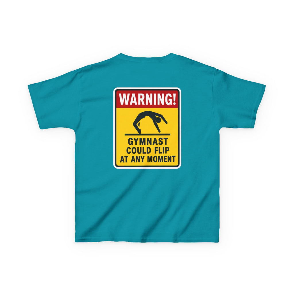 Kids Tee — “Warning! Gymnast Could Flip at Any Moment” Back Graphic