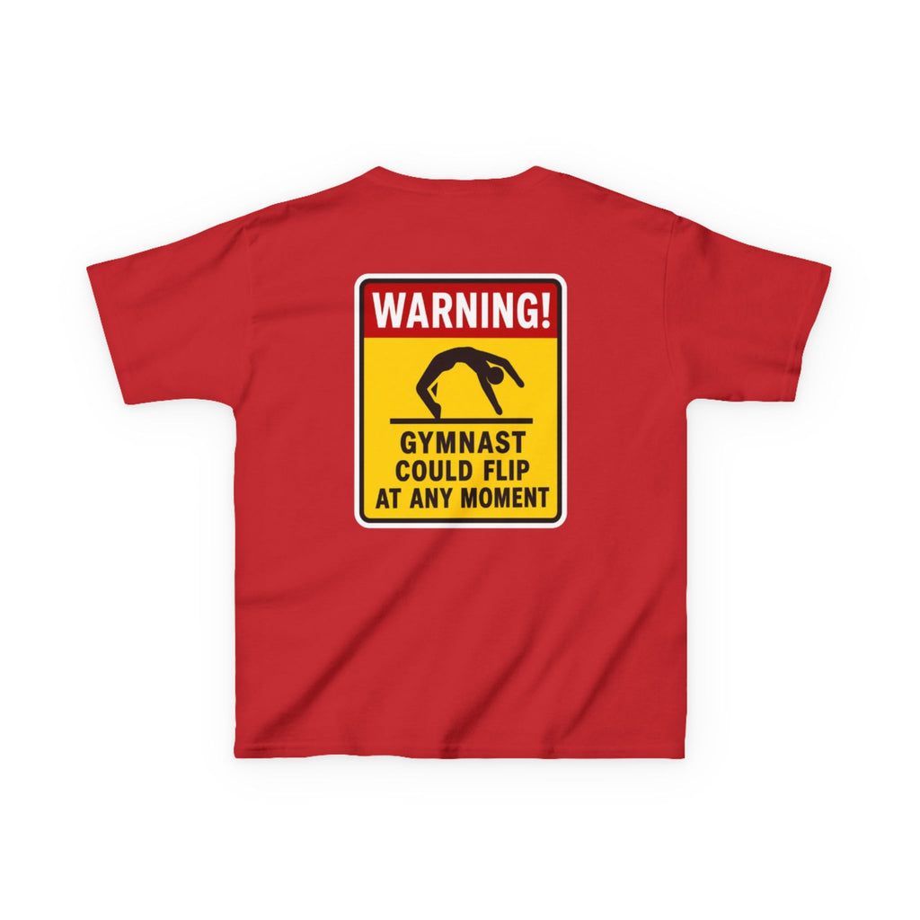 Kids Tee — “Warning! Gymnast Could Flip at Any Moment” Back Graphic