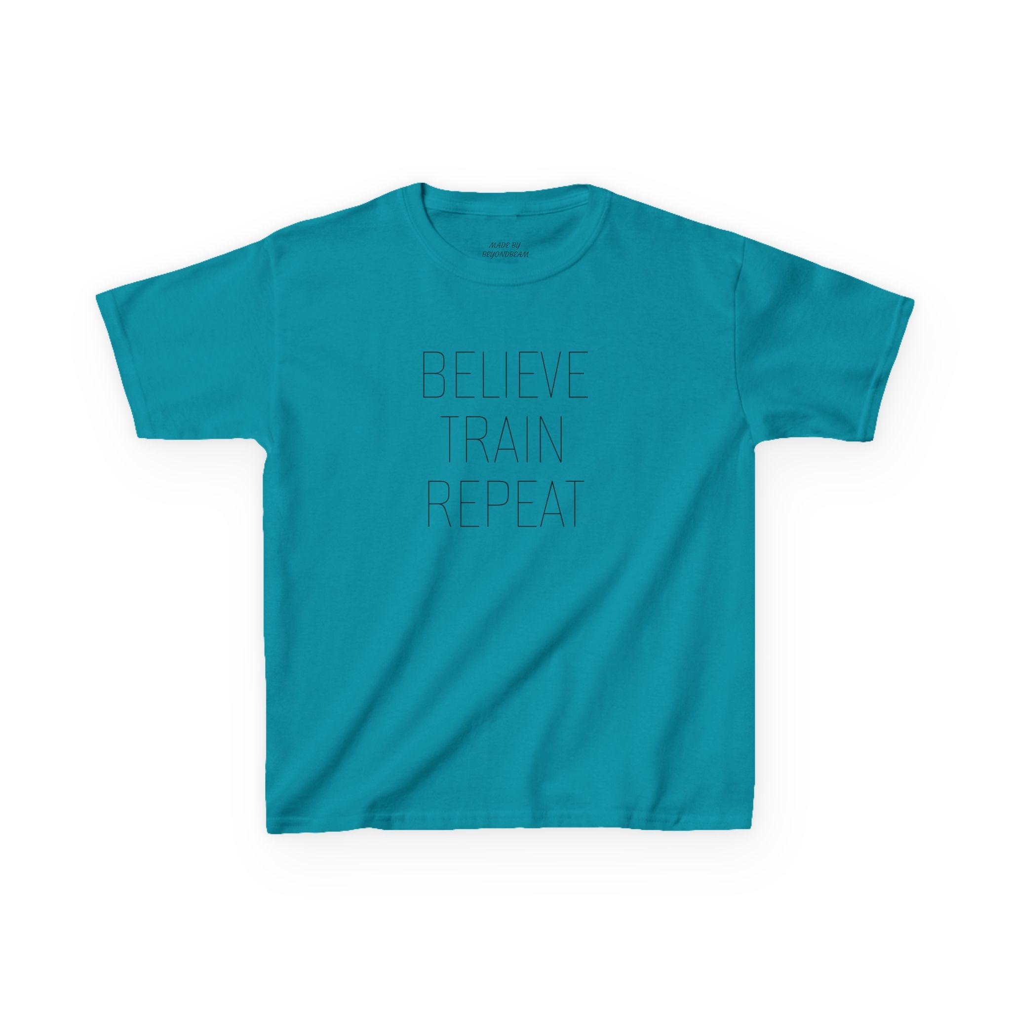 Kids Tee — "Believe Train Repeat" Motivational Sports Shirt