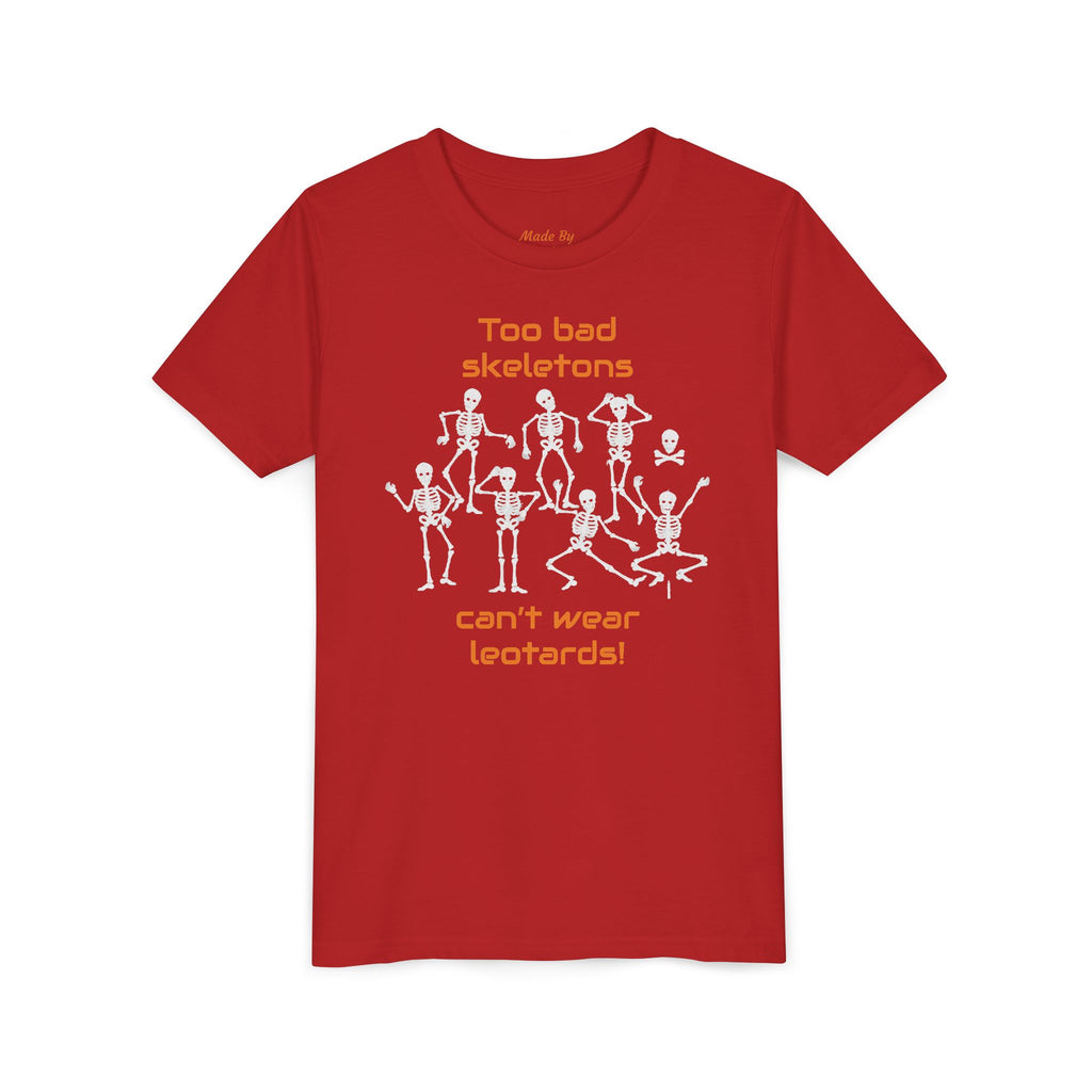 Kids Halloween Gymnastics Tee – ‘Too Bad Skeletons Can’t Wear Leotards!’ (Kids)