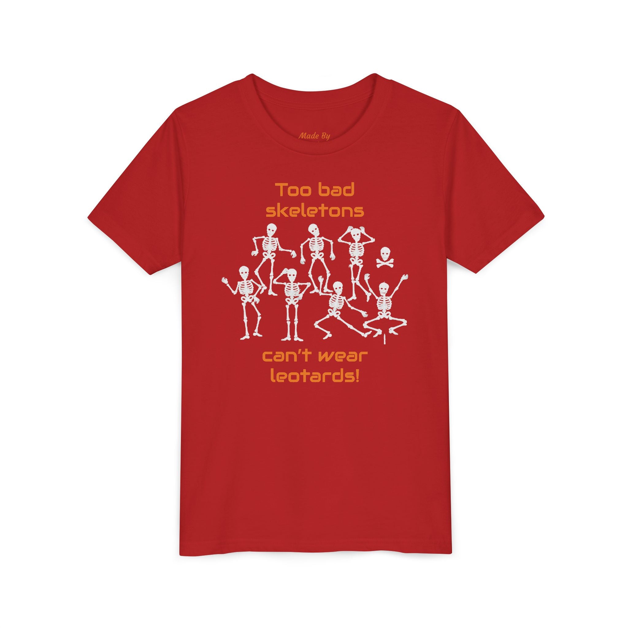 Kids Halloween Gymnastics Tee – ‘Too Bad Skeletons Can’t Wear Leotards!’ (Kids)