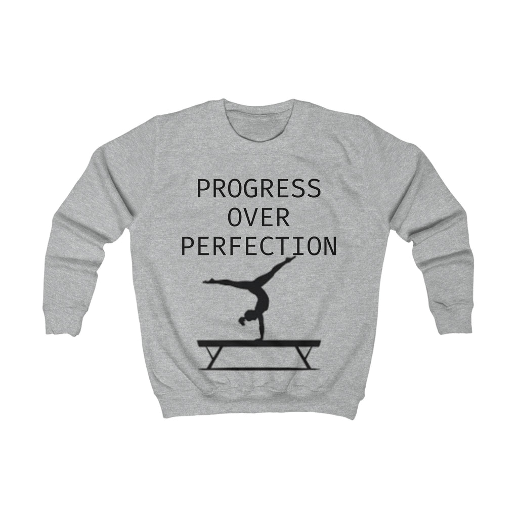 Kids Sweatshirt – 'Progress Over Perfection' Gymnastics Balance Beam Tee for Young Athletes