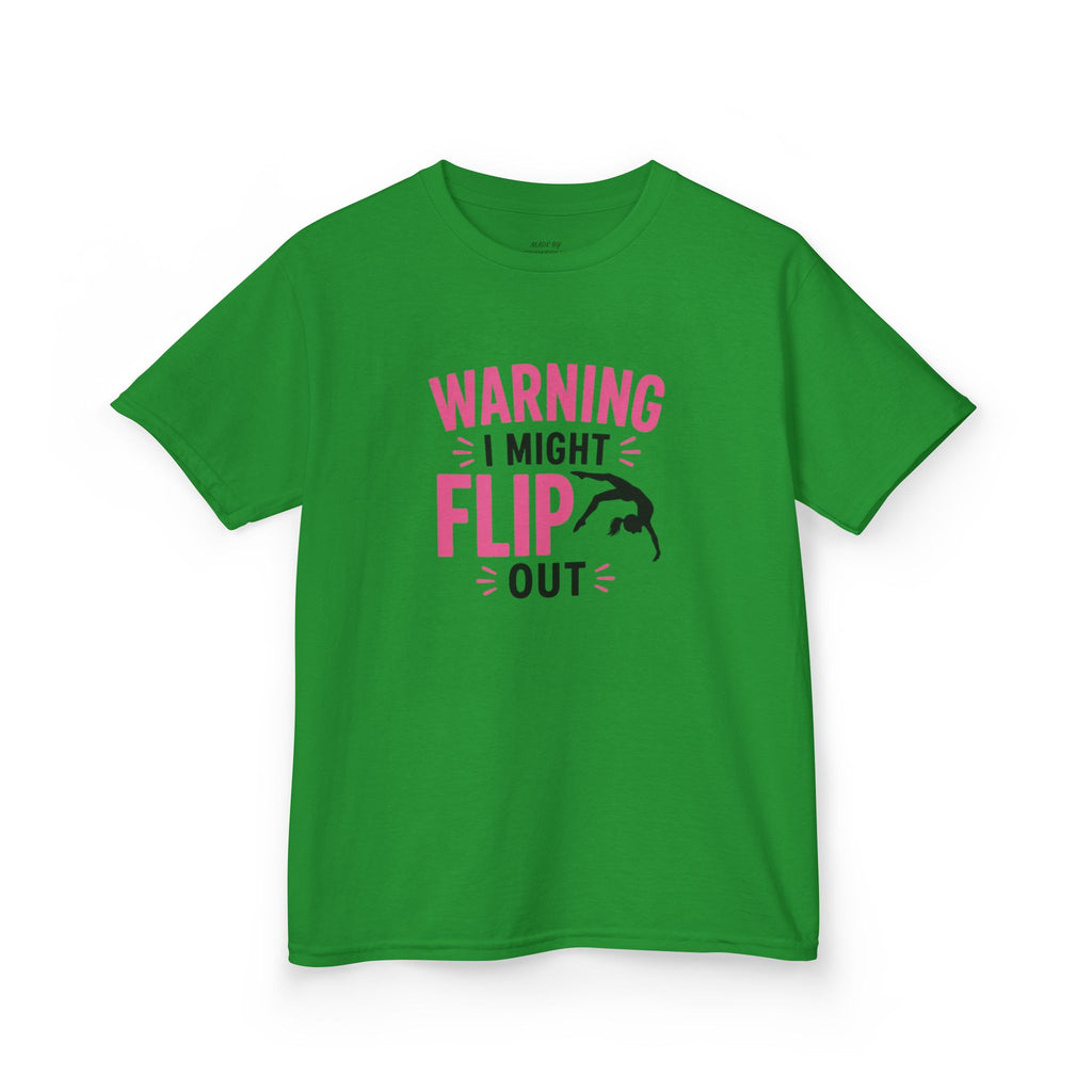 Kids T-Shirt — "Warning I Might Flip Out" Gymnastics Tee