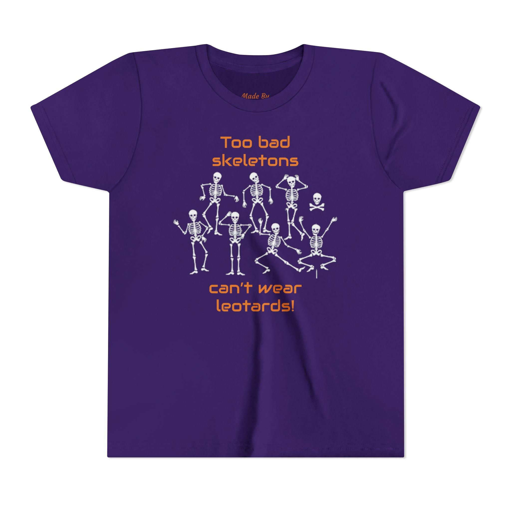 Kids Halloween Gymnastics Tee – ‘Too Bad Skeletons Can’t Wear Leotards!’ (Kids)