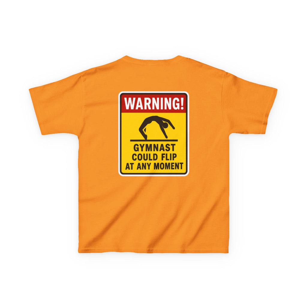 Kids Tee — “Warning! Gymnast Could Flip at Any Moment” Back Graphic