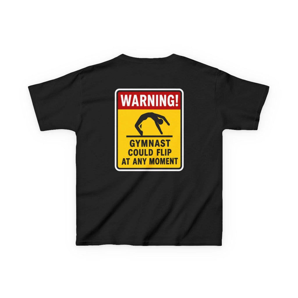 Kids Tee — “Warning! Gymnast Could Flip at Any Moment” Back Graphic