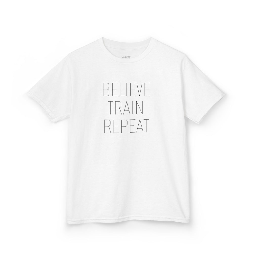 Kids Tee — "Believe Train Repeat" Motivational Sports Shirt