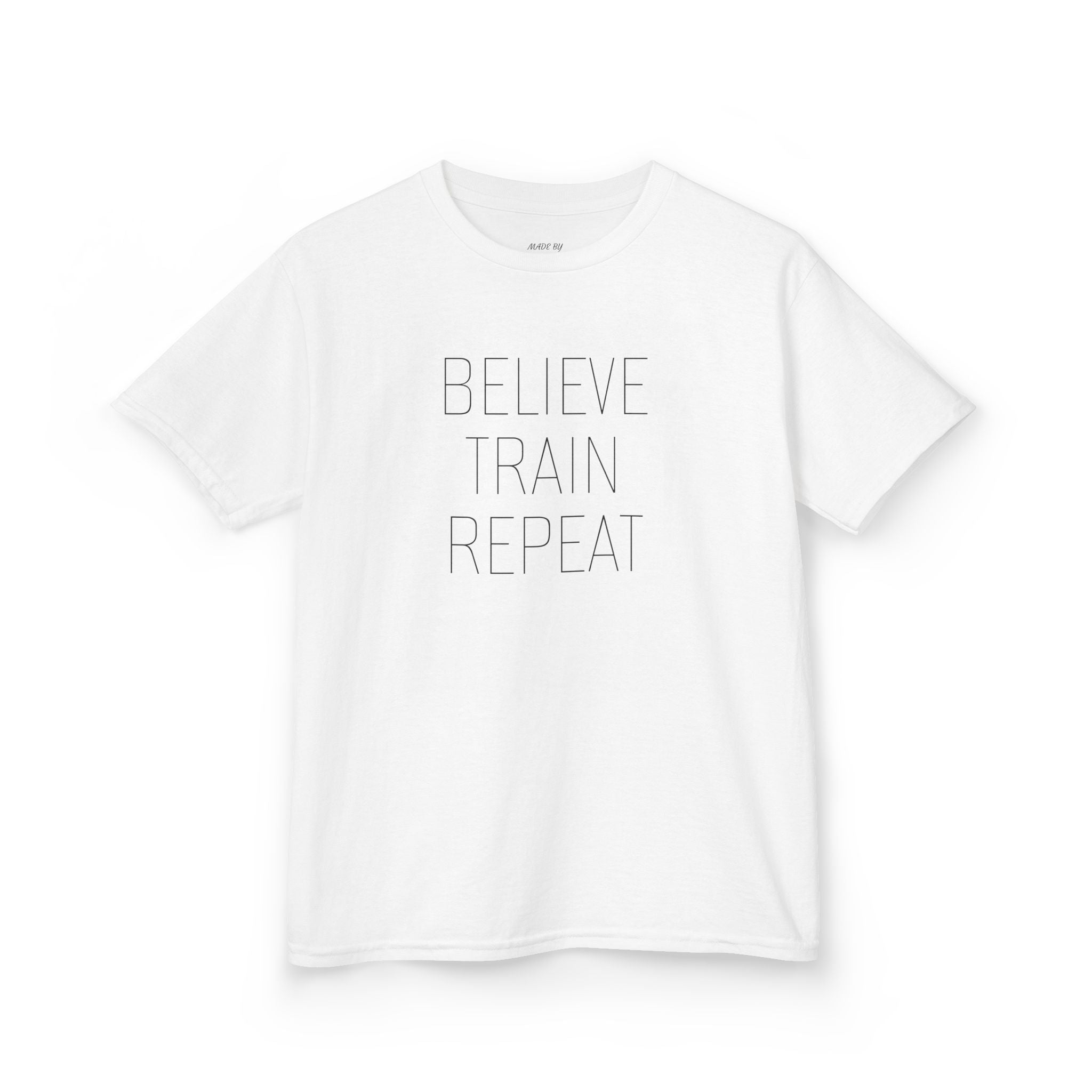 Kids Tee — "Believe Train Repeat" Motivational Sports Shirt