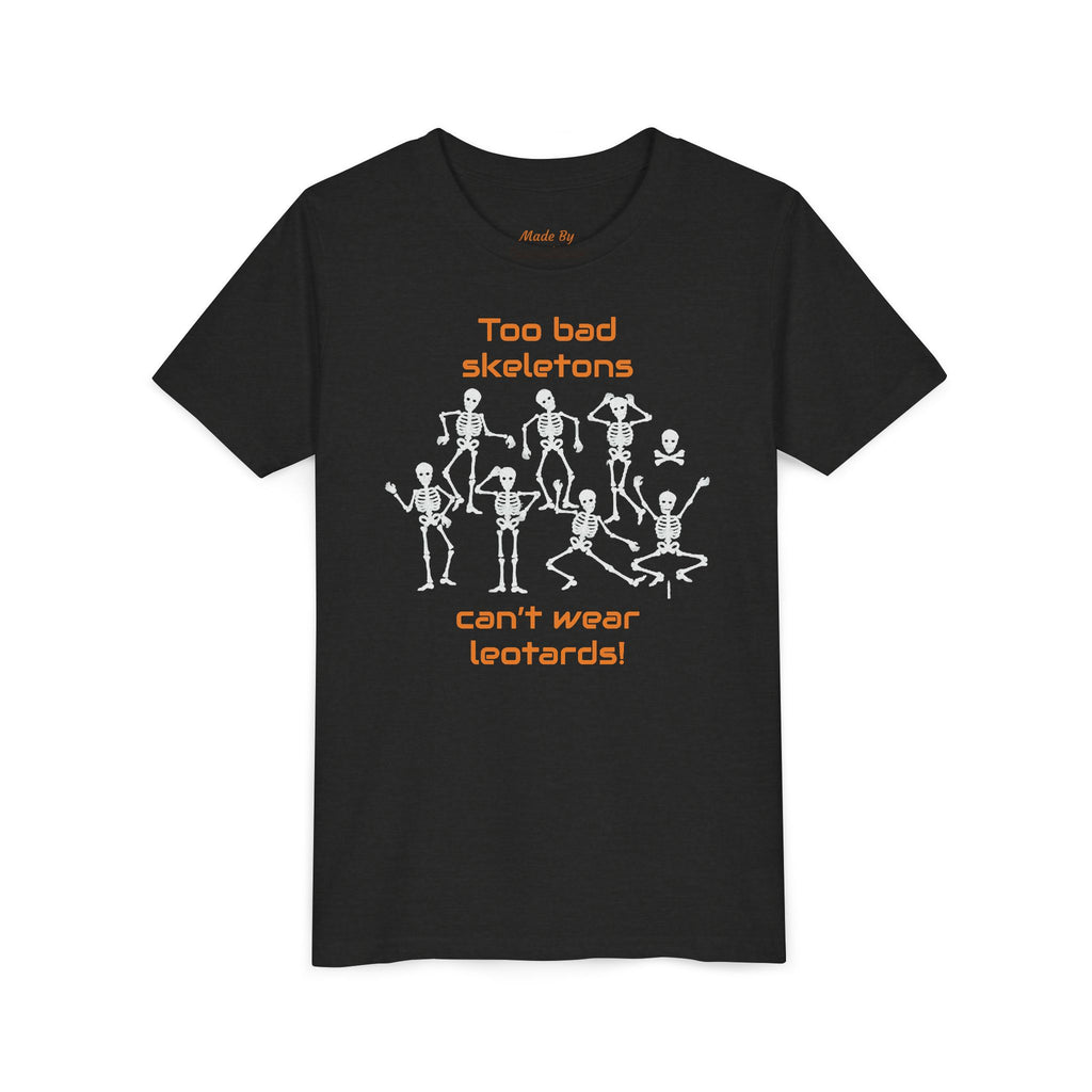 Kids Halloween Gymnastics Tee – ‘Too Bad Skeletons Can’t Wear Leotards!’ (Kids)