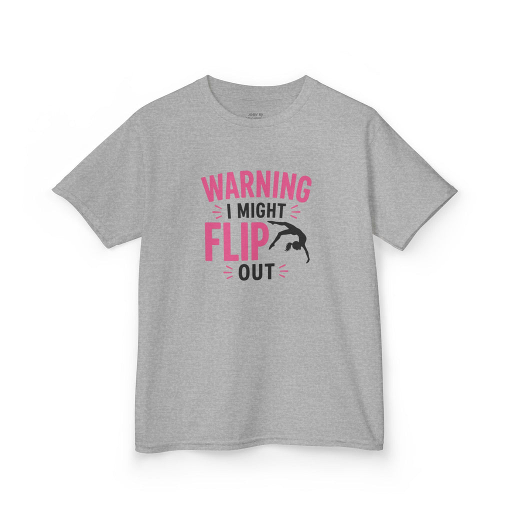 Kids T-Shirt — "Warning I Might Flip Out" Gymnastics Tee
