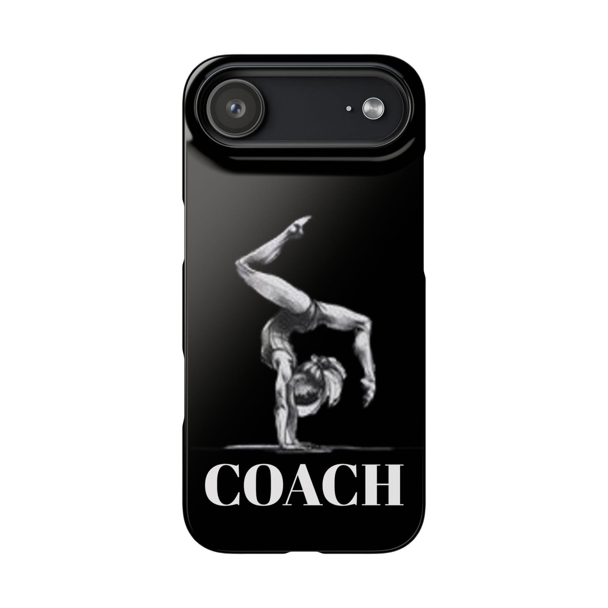 Coach Gymnastics Phone Case — Black Snap Phone Cover with Gymnast Silhouette
